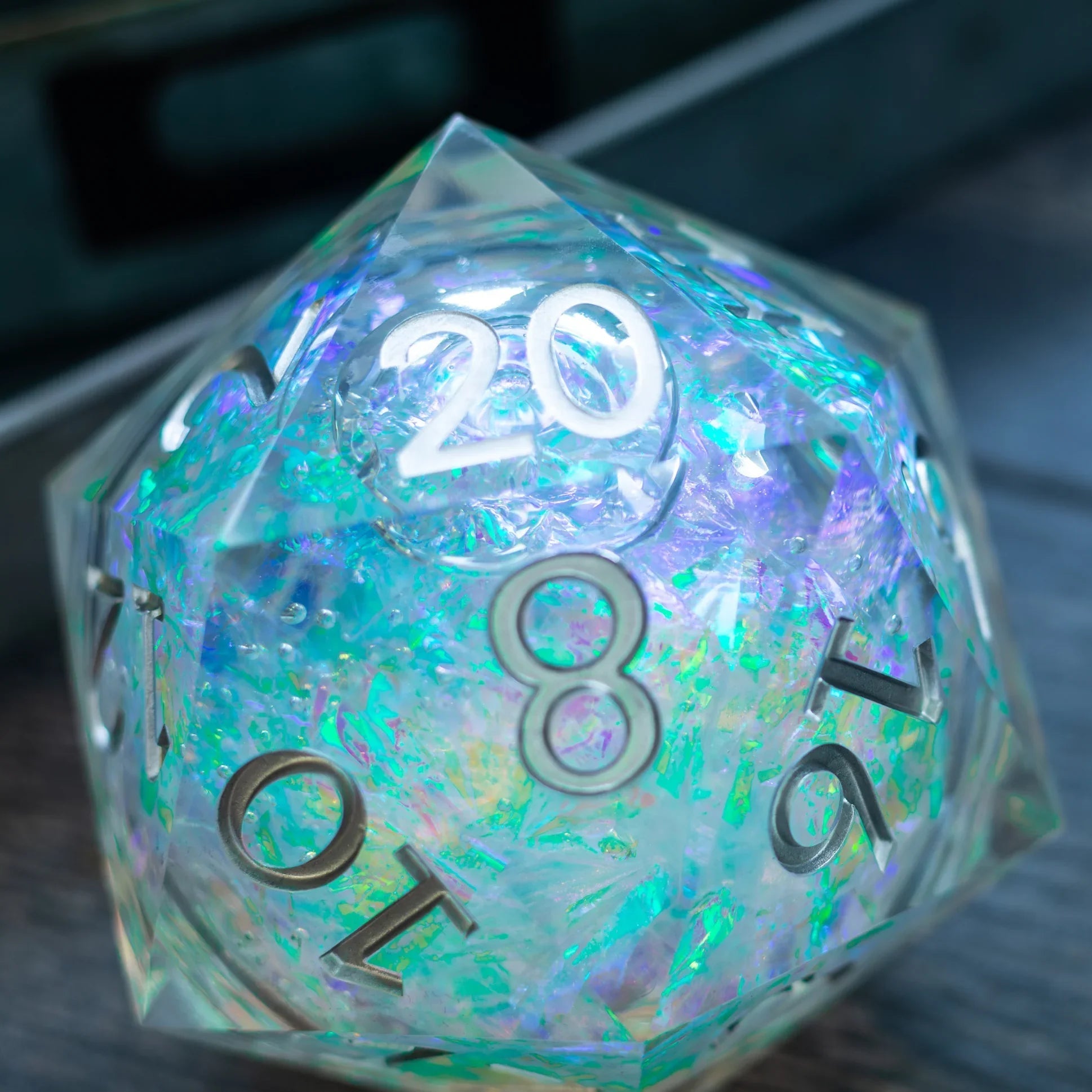 Massive Silver And Foil Liquid Core 95MM Chonk Handmade Resin Dice And Box Runic Dice