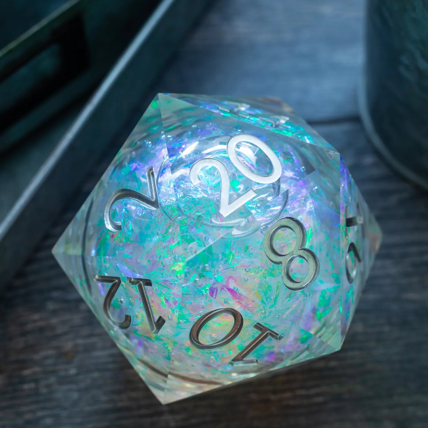 Massive Silver And Foil Liquid Core 95MM Chonk Handmade Resin Dice And Box Runic Dice
