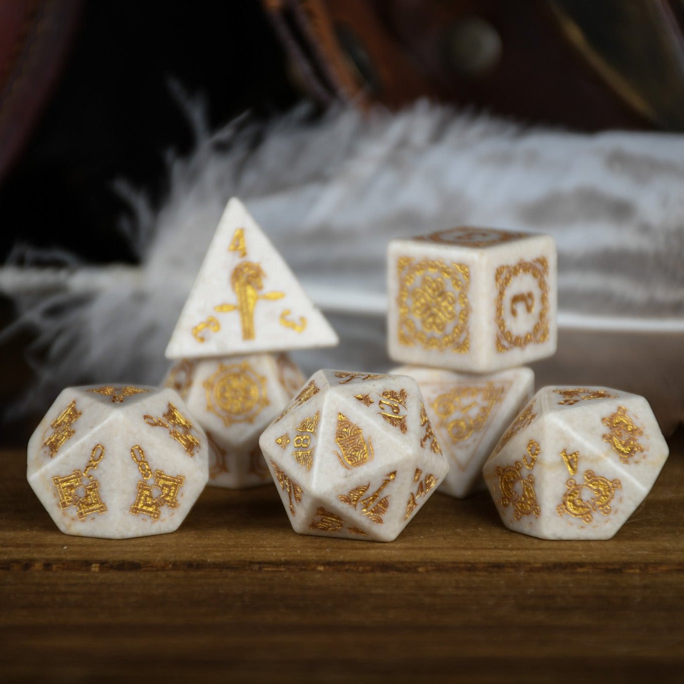 Mongolian White Opal Stone Dice Set - Dice Around the World Collection Misty Mountain Gaming