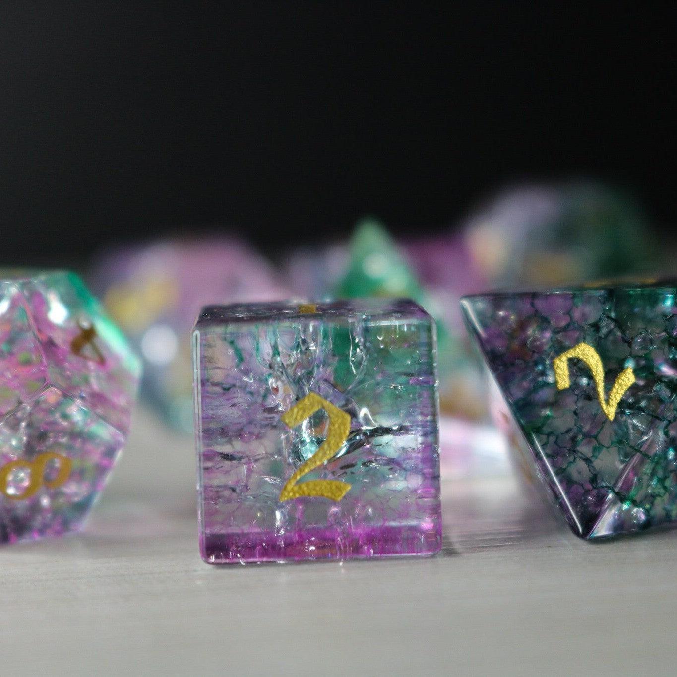 Moon Gate Purple Forge Fire Glass DND Dice Set Runic Dice