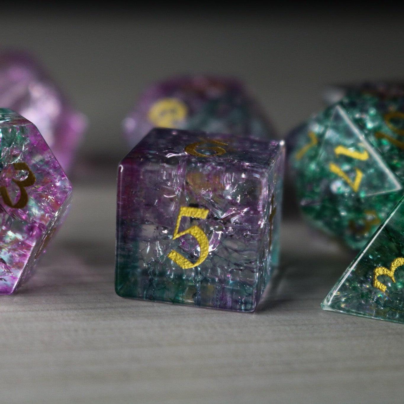 Moon Gate Purple Forge Fire Glass DND Dice Set Runic Dice