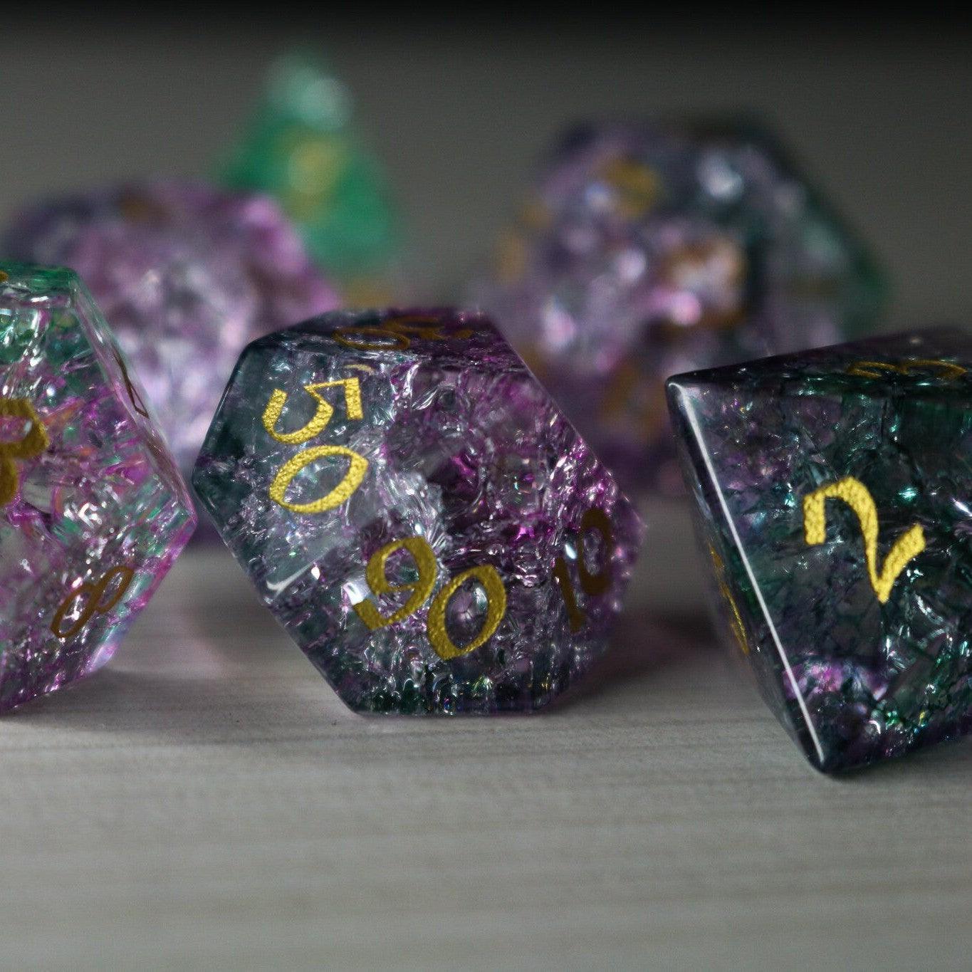 Moon Gate Purple Forge Fire Glass DND Dice Set Runic Dice