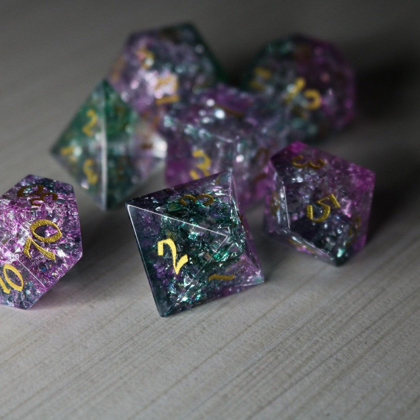 Moon Gate Purple Forge Fire Glass DND Dice Set Runic Dice