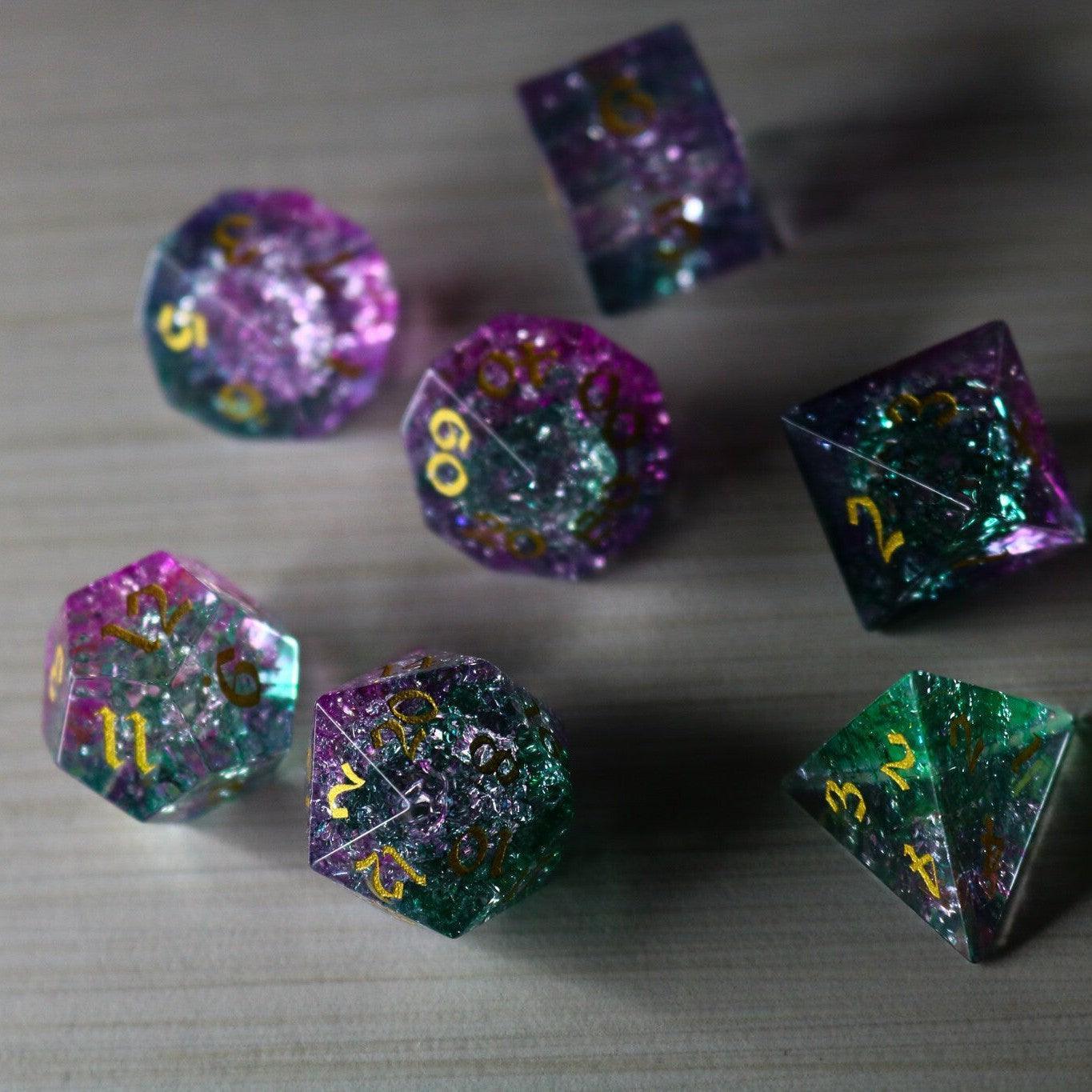 Moon Gate Purple Forge Fire Glass DND Dice Set Runic Dice