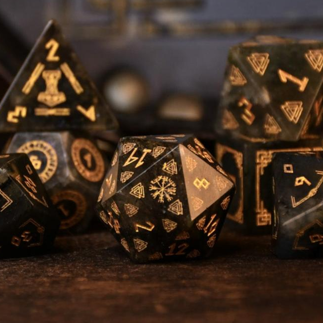 Nordic Black Labradorite Stone Dice Set - Dice Around the World Collection Misty Mountain Gaming