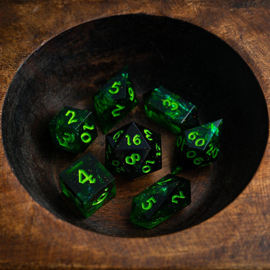 Nox Green Handmade Resin DND Dice Set Runic Dice