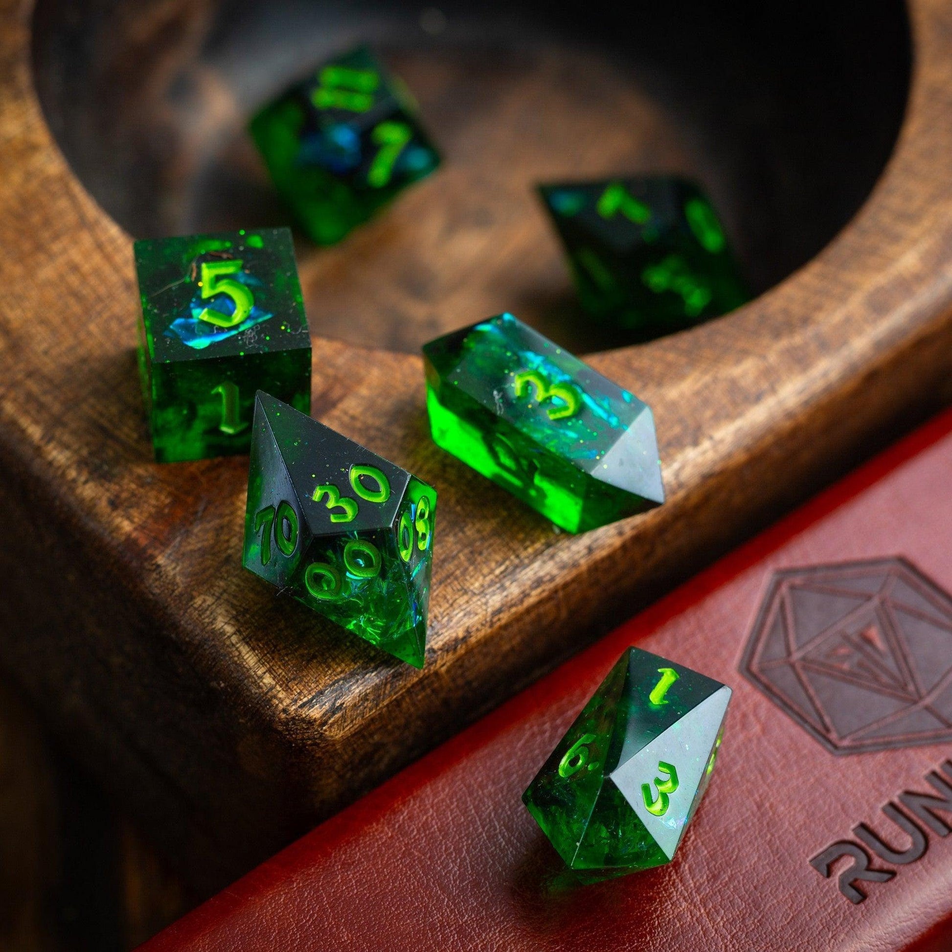 Nox Green Handmade Resin DND Dice Set Runic Dice