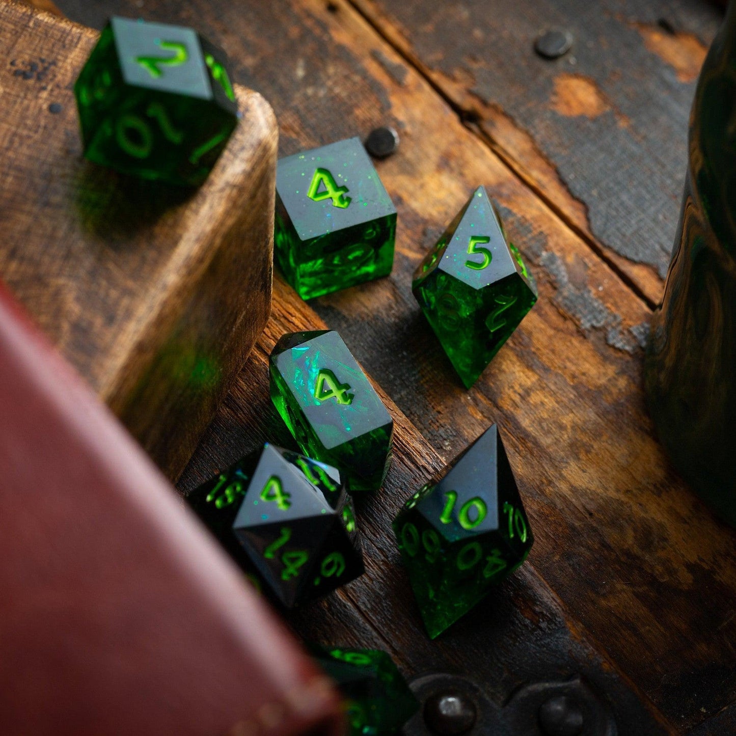 Nox Green Handmade Resin DND Dice Set Runic Dice