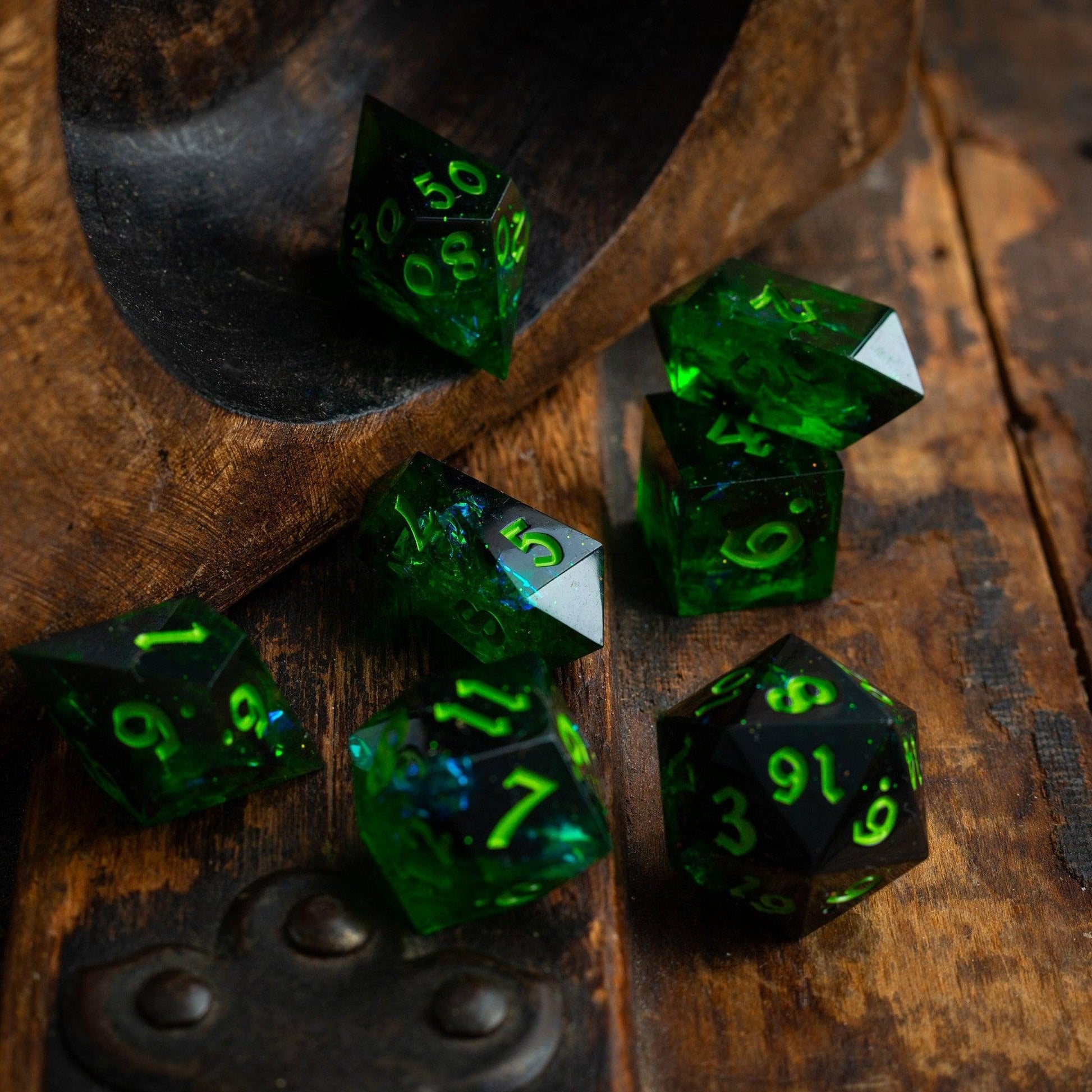 Nox Green Handmade Resin DND Dice Set Runic Dice