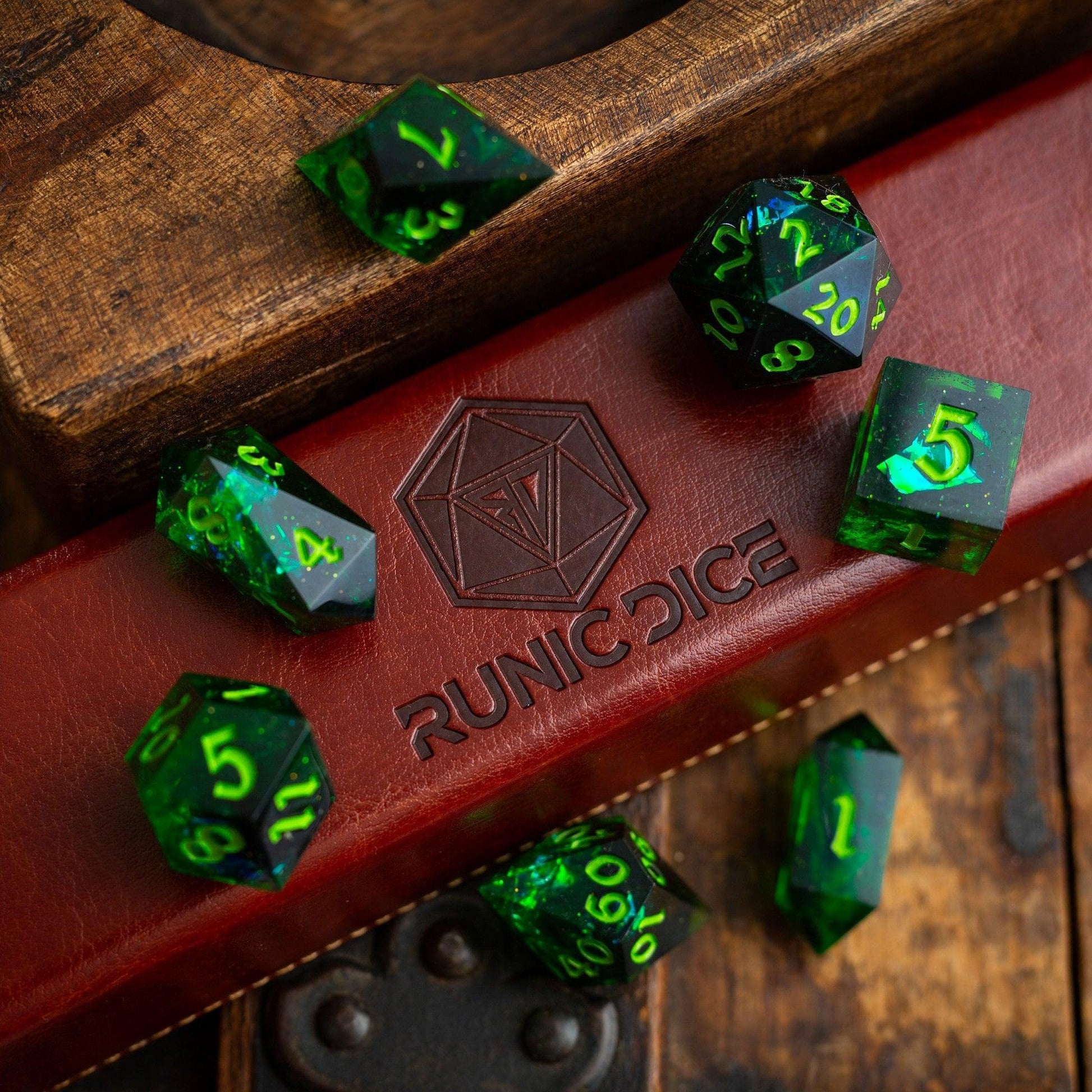 Nox Green Handmade Resin DND Dice Set Runic Dice