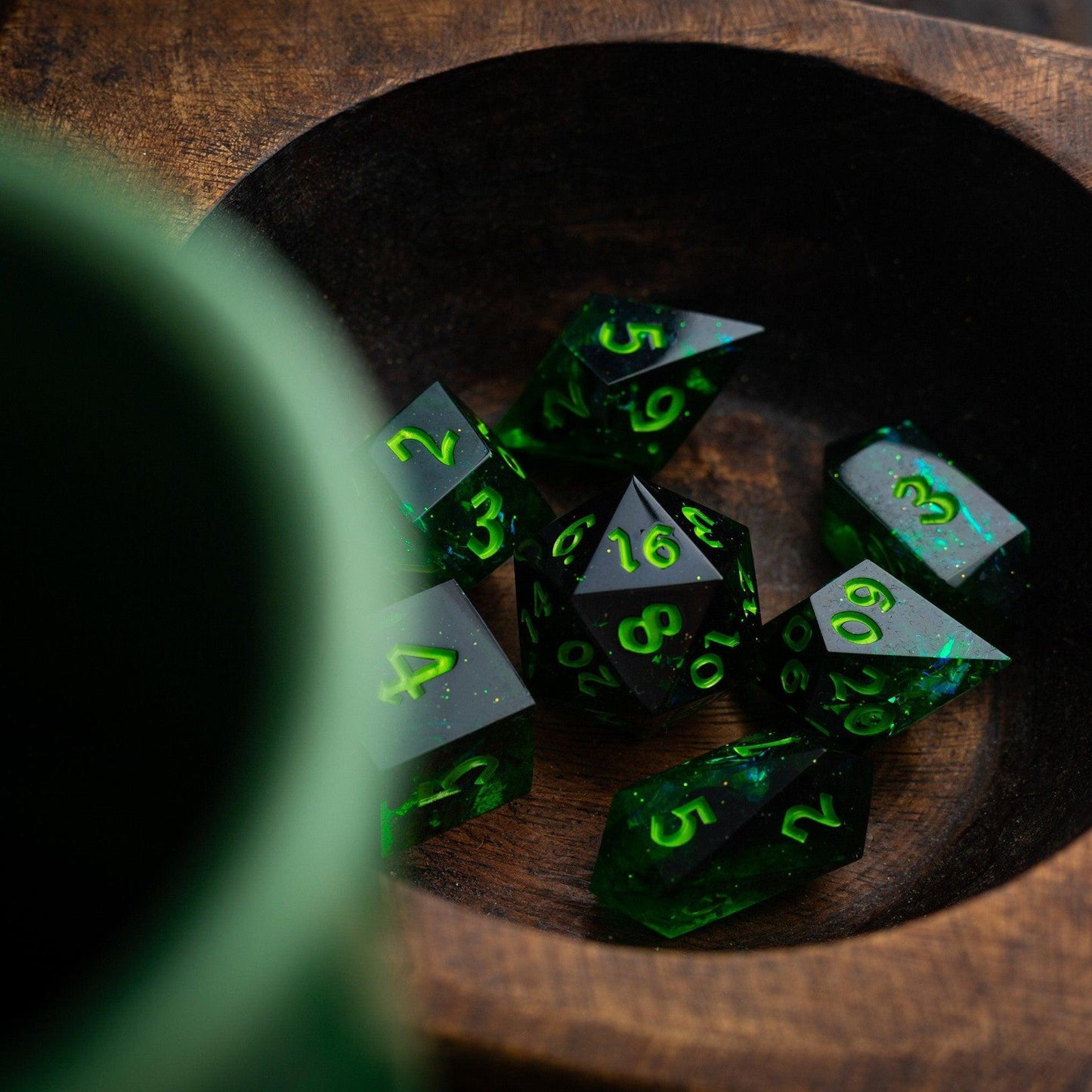 Nox Green Handmade Resin DND Dice Set Runic Dice