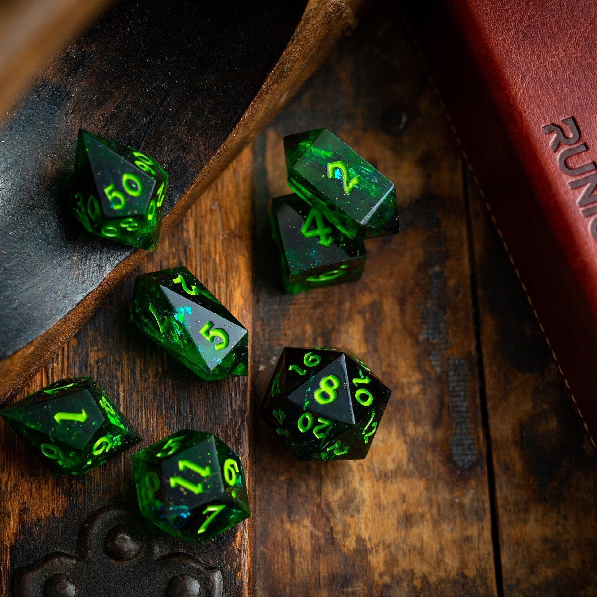 Nox Green Handmade Resin DND Dice Set Runic Dice
