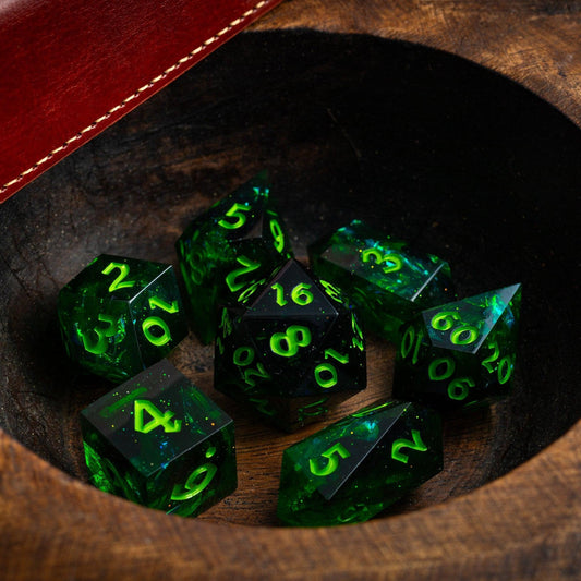 Nox Green Handmade Resin DND Dice Set Runic Dice