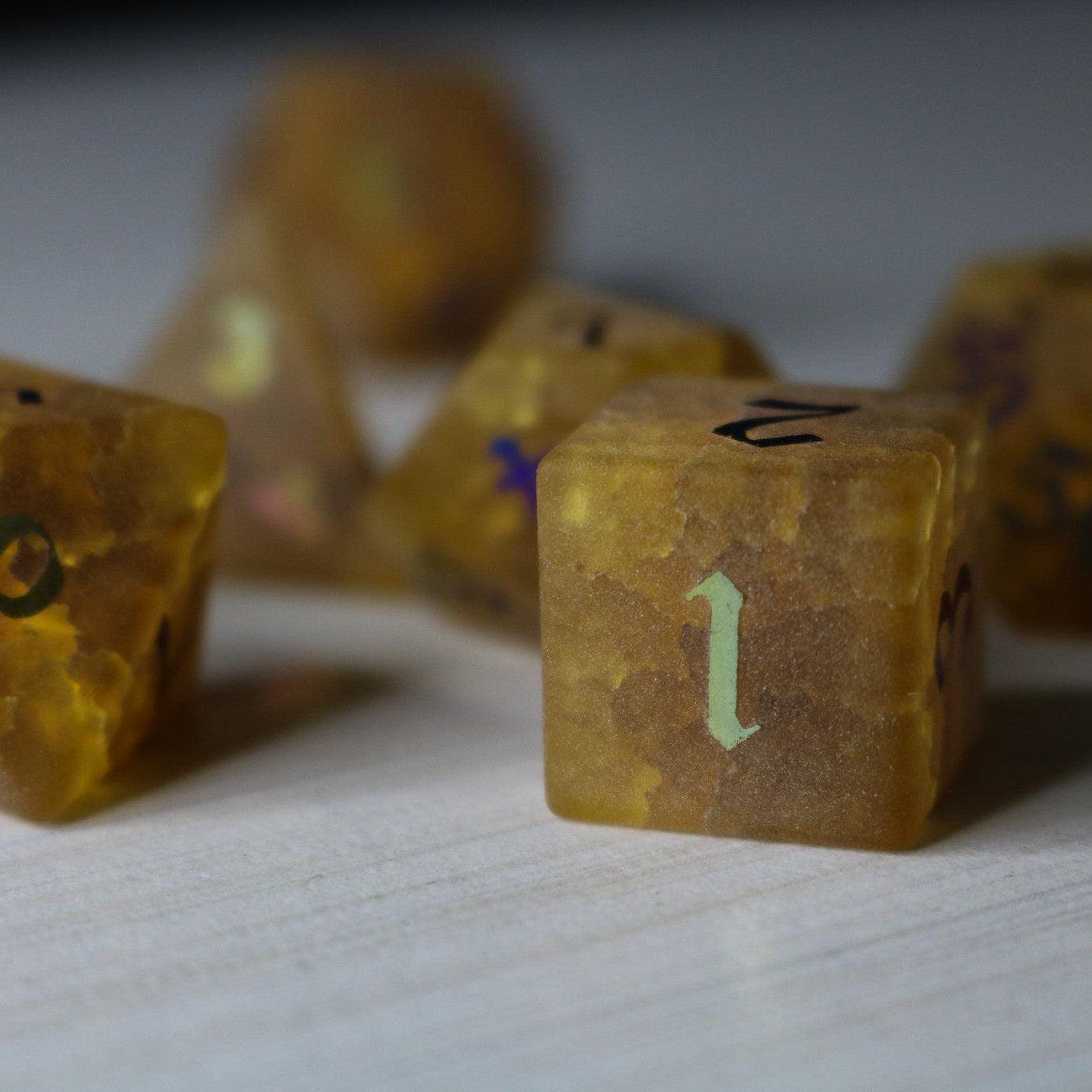 Orange Halloween Pumpkin Inked Lightning Cracked Glass DND Dice Set Runic Dice