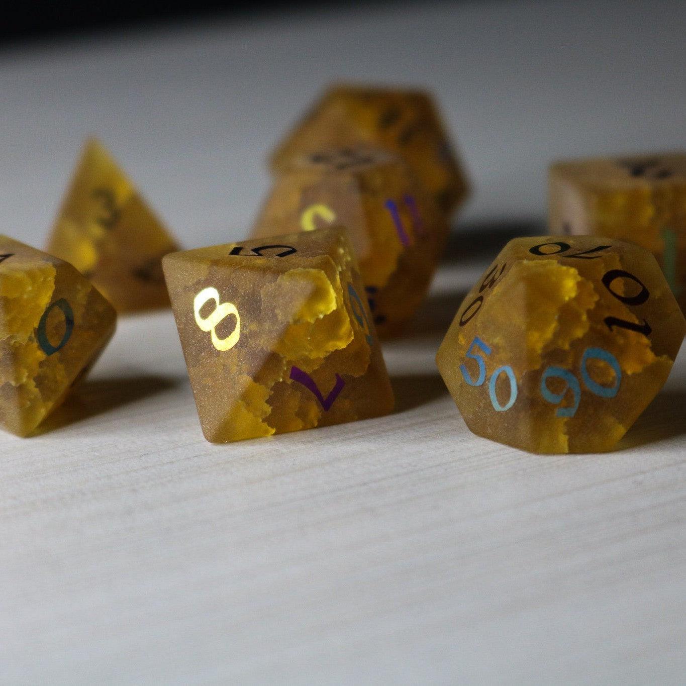 Orange Halloween Pumpkin Inked Lightning Cracked Glass DND Dice Set Runic Dice