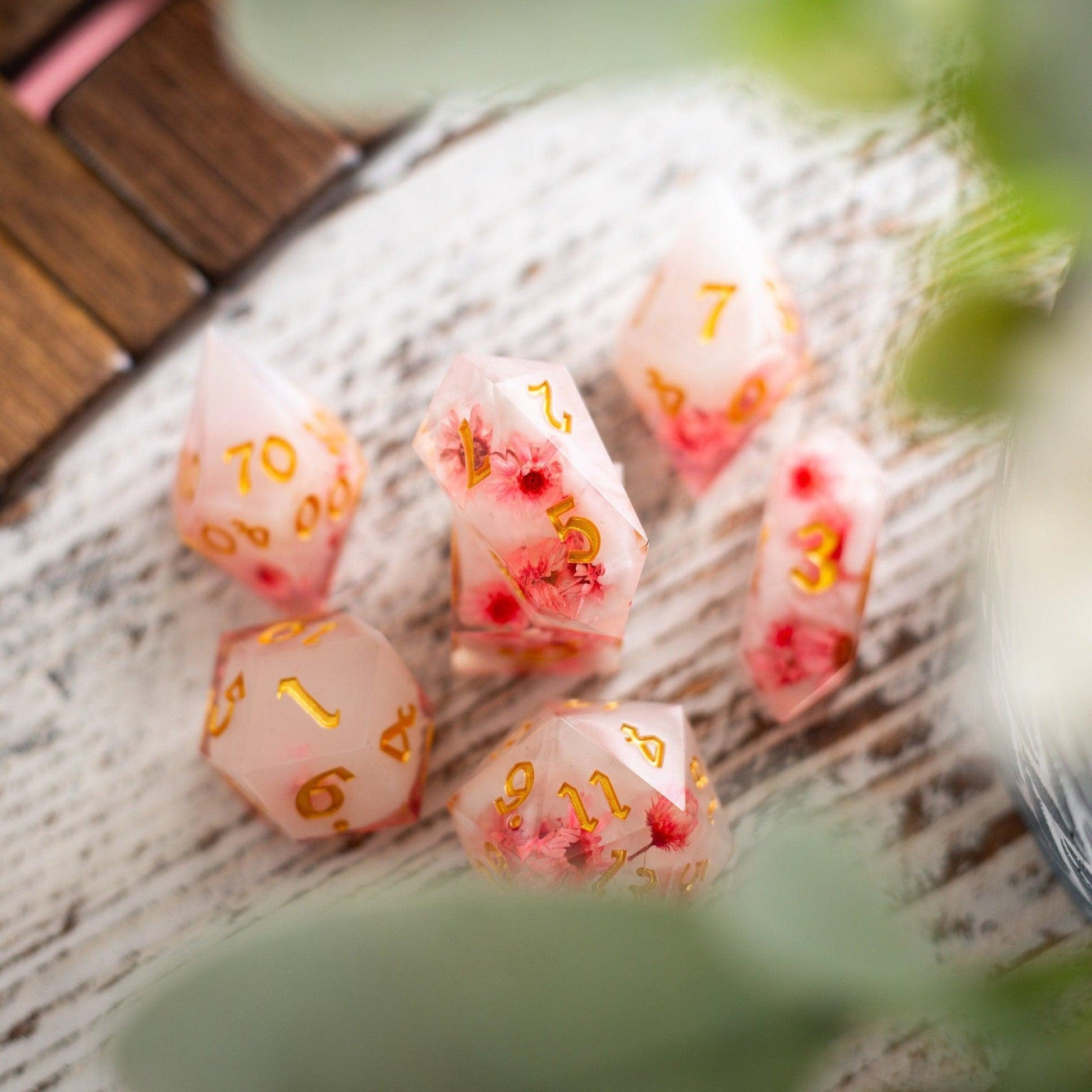 Pink Blossom Handmade Resin DND Dice Set Runic Dice