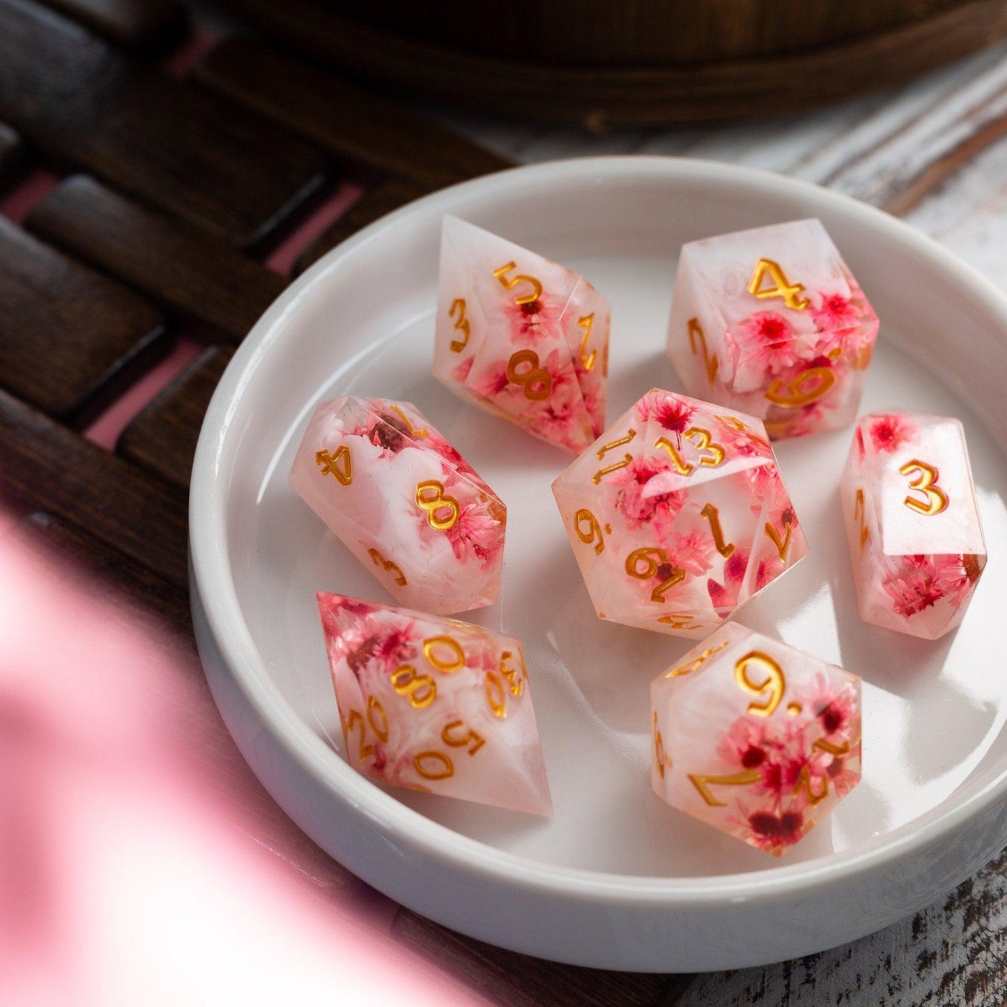 Pink Blossom Handmade Resin DND Dice Set Runic Dice