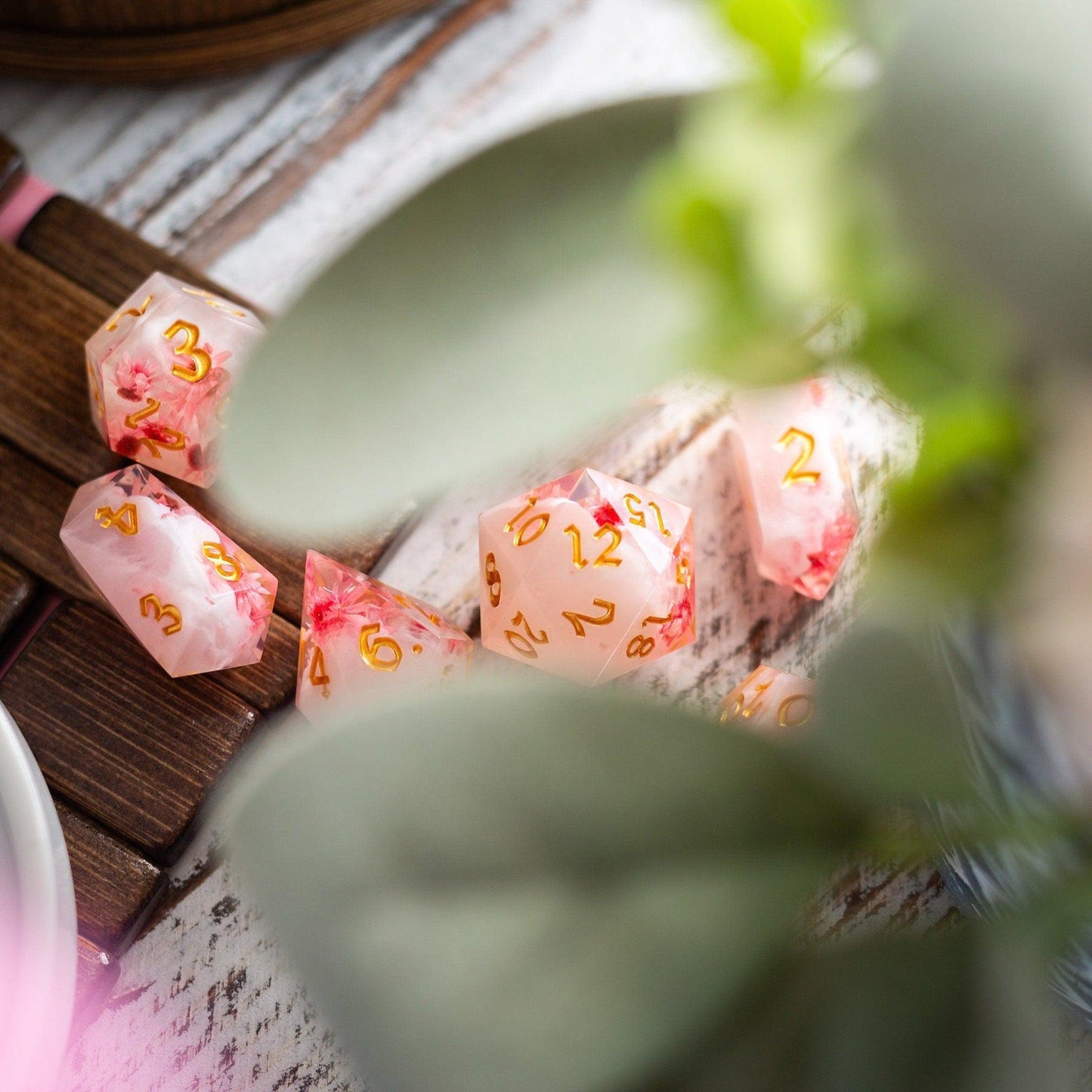Pink Blossom Handmade Resin DND Dice Set Runic Dice