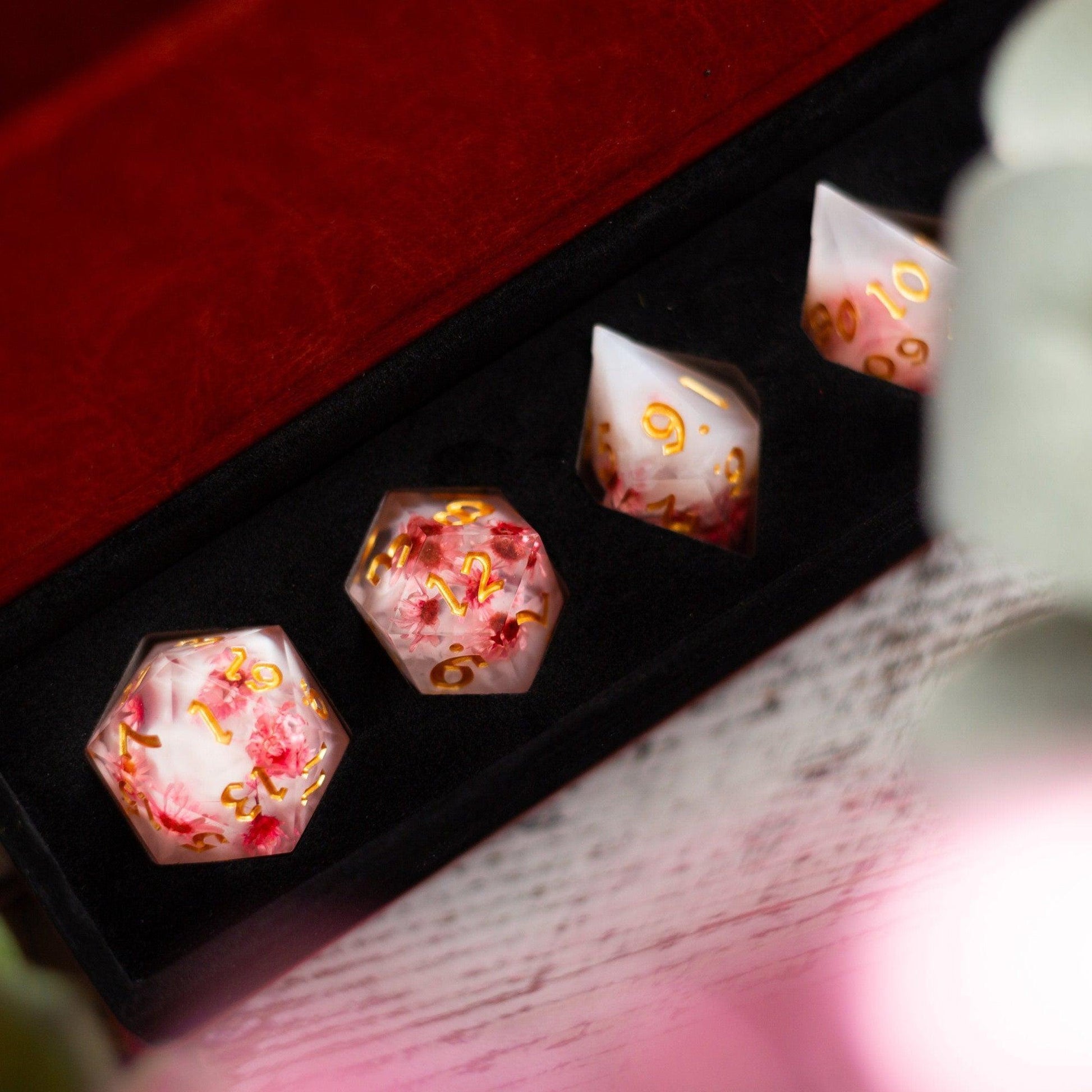 Pink Blossom Handmade Resin DND Dice Set Runic Dice