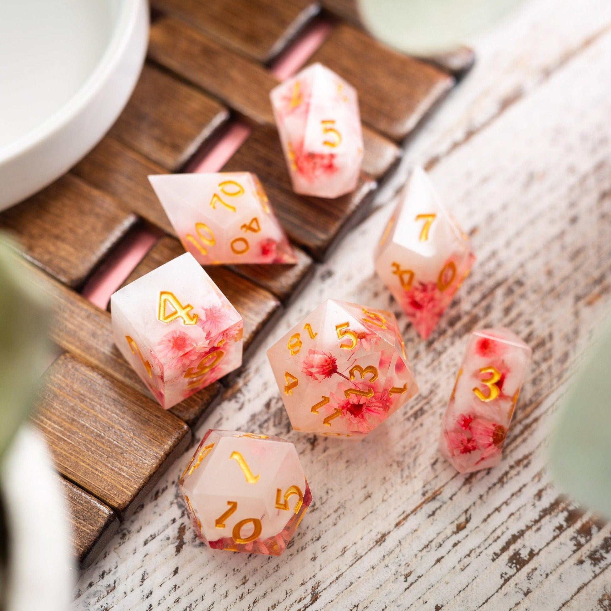 Pink Blossom Handmade Resin DND Dice Set Runic Dice
