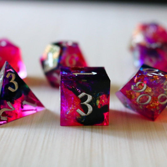 Pink/Silver Handmade Sharp Edge Resin DND Dice Set Runic Dice
