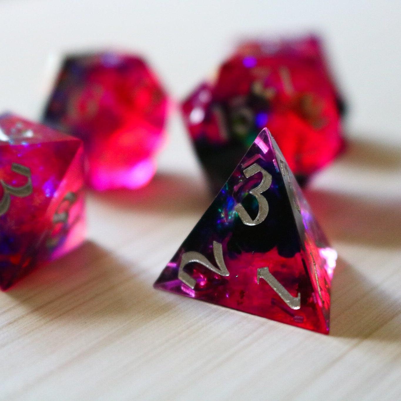 Pink/Silver Handmade Sharp Edge Resin DND Dice Set Runic Dice