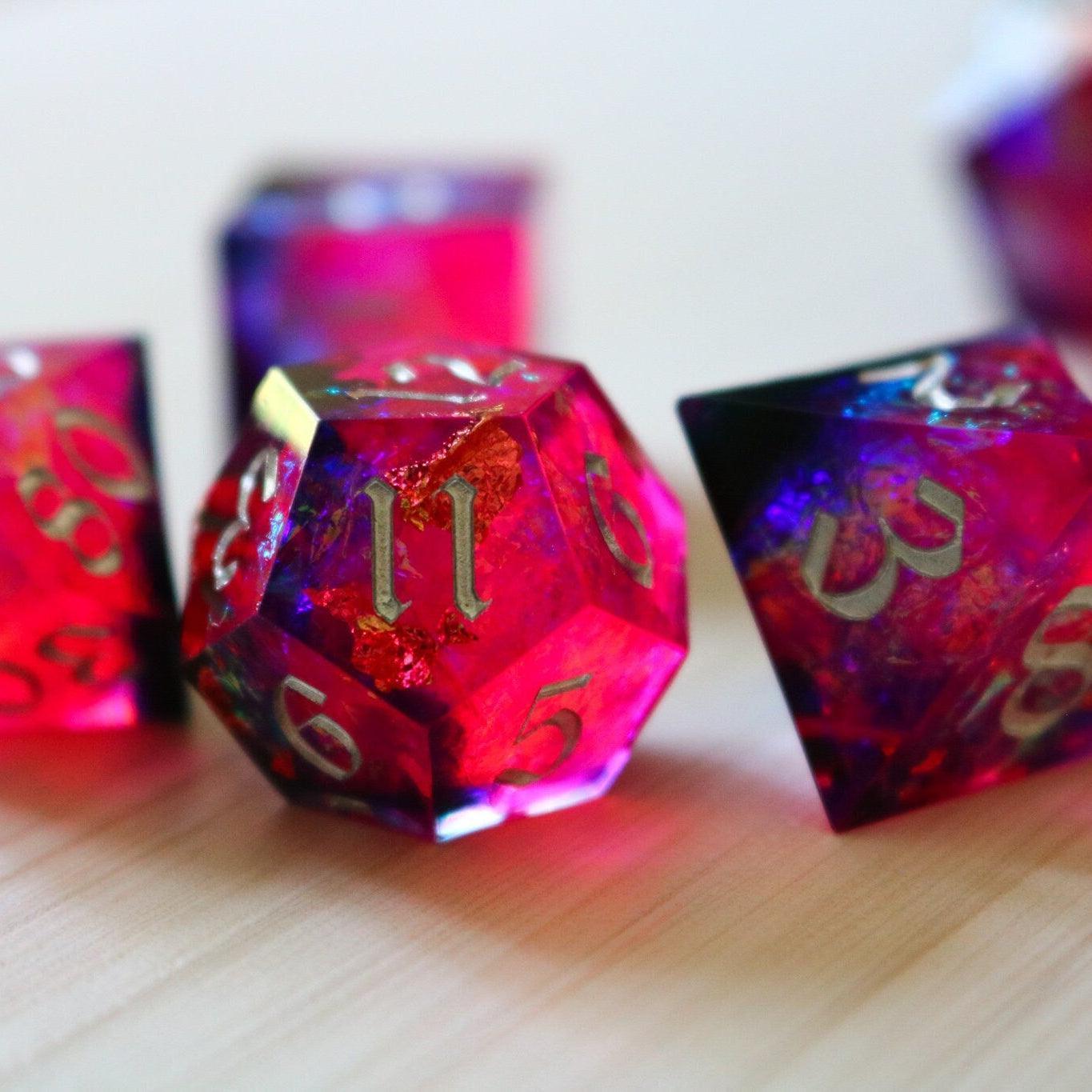 Pink/Silver Handmade Sharp Edge Resin DND Dice Set Runic Dice