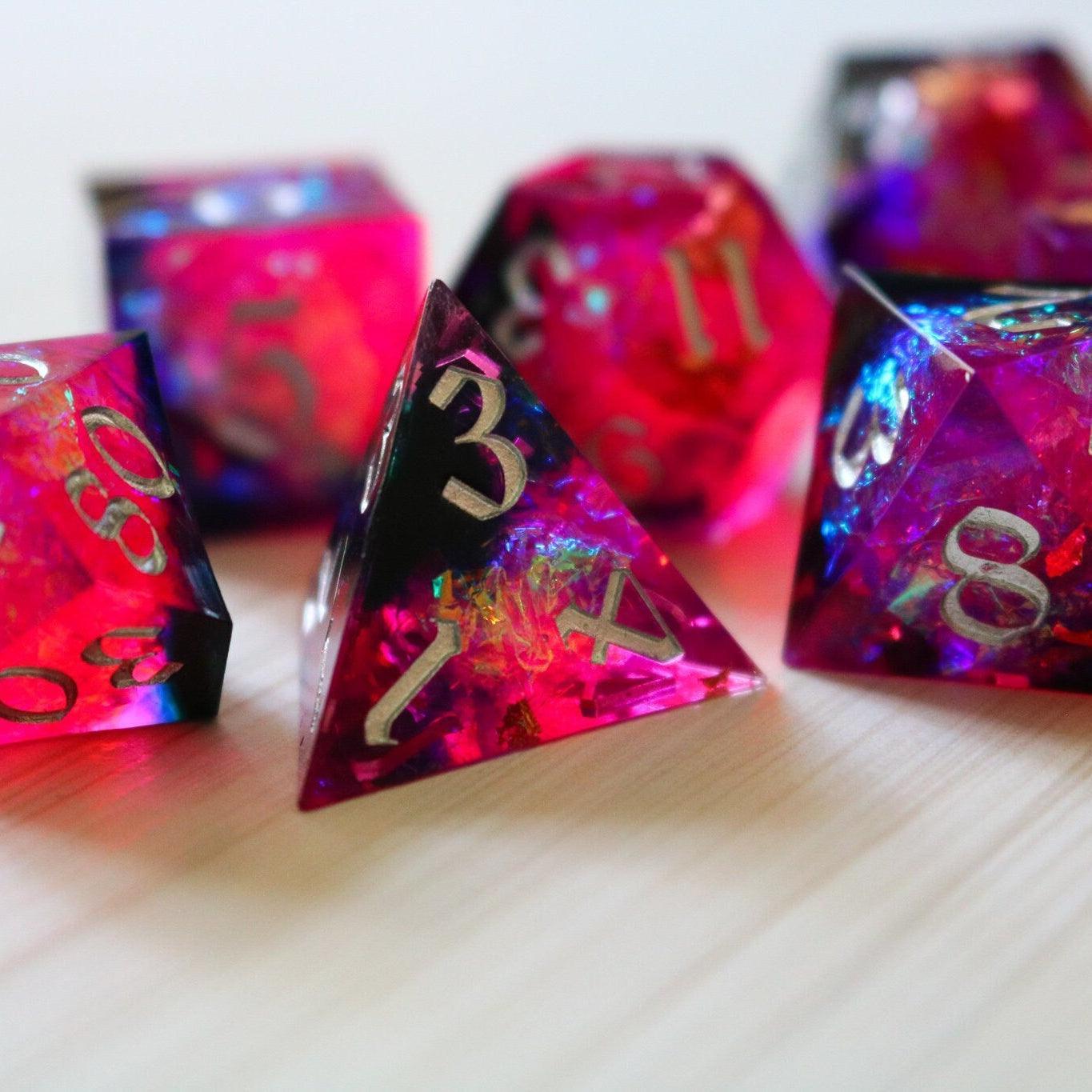 Pink/Silver Handmade Sharp Edge Resin DND Dice Set Runic Dice