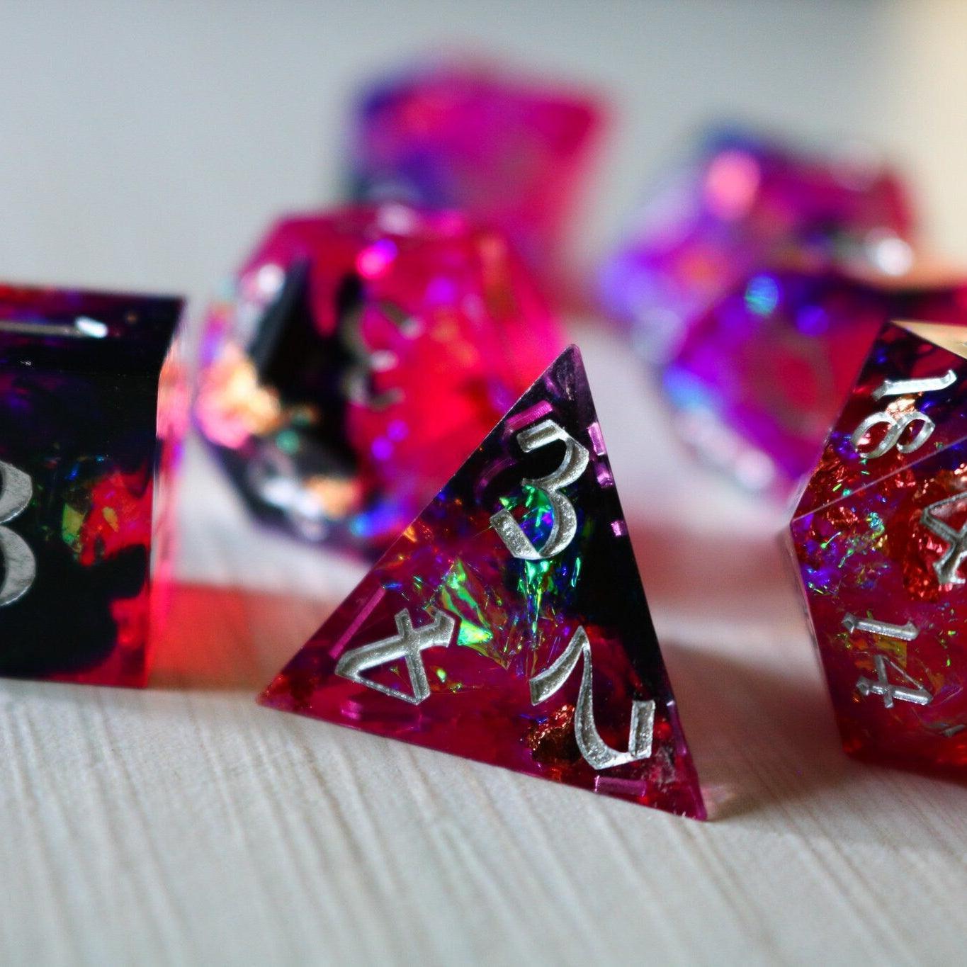 Pink/Silver Handmade Sharp Edge Resin DND Dice Set Runic Dice