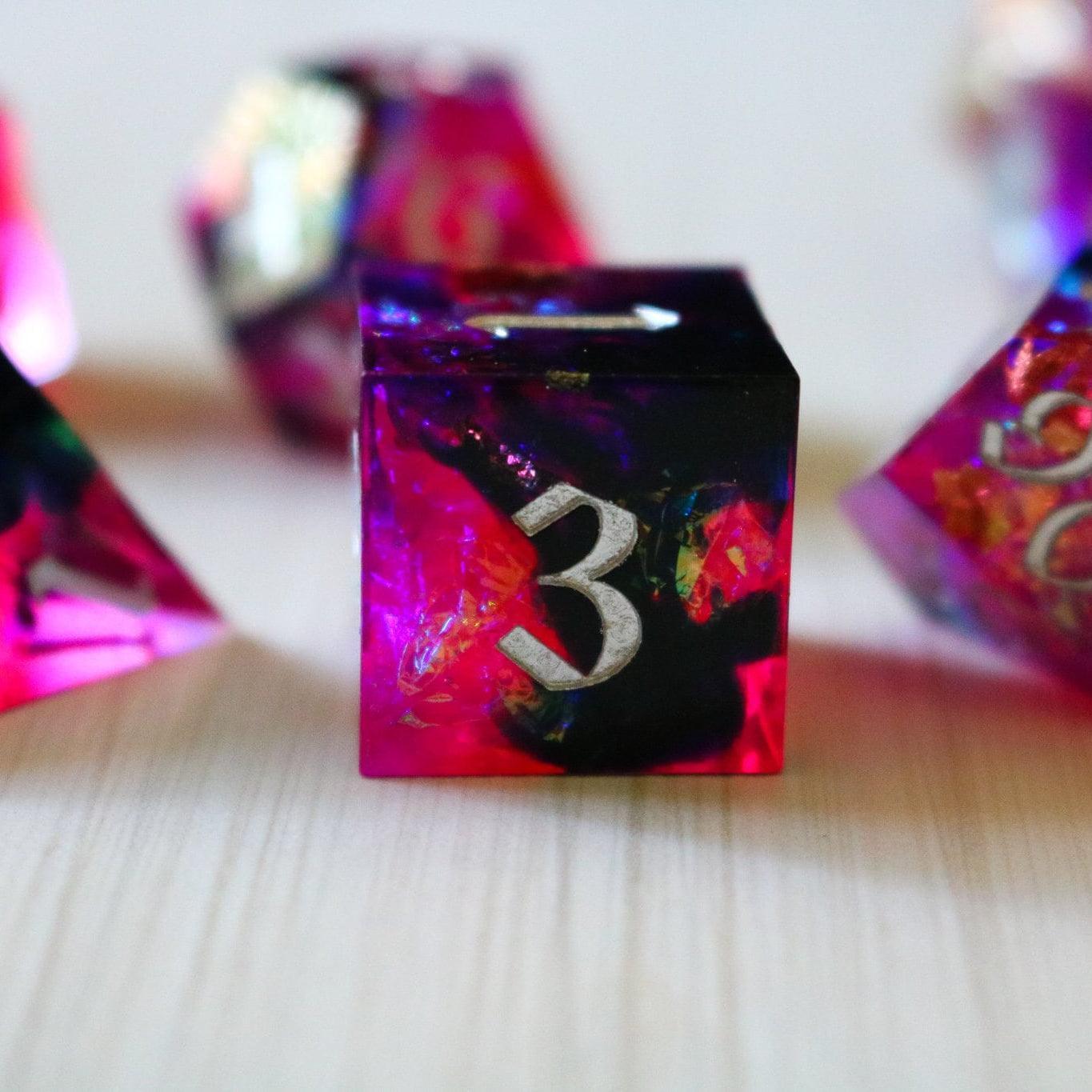 Pink/Silver Handmade Sharp Edge Resin DND Dice Set Runic Dice
