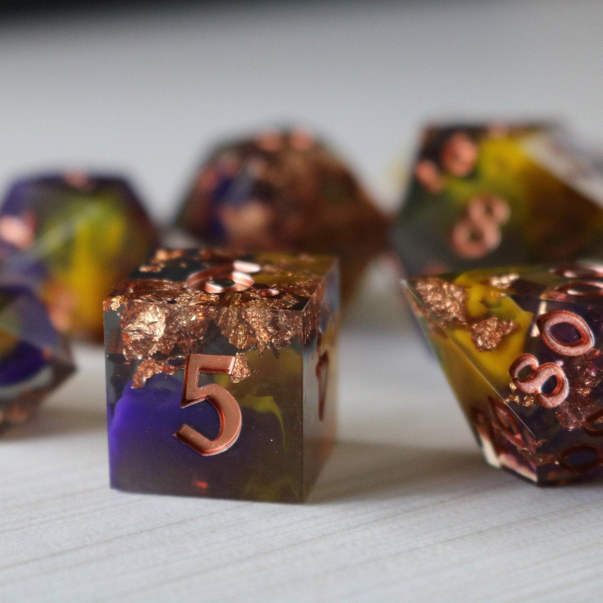 Purple And Gold Handmade Resin DND Dice Set Runic Dice