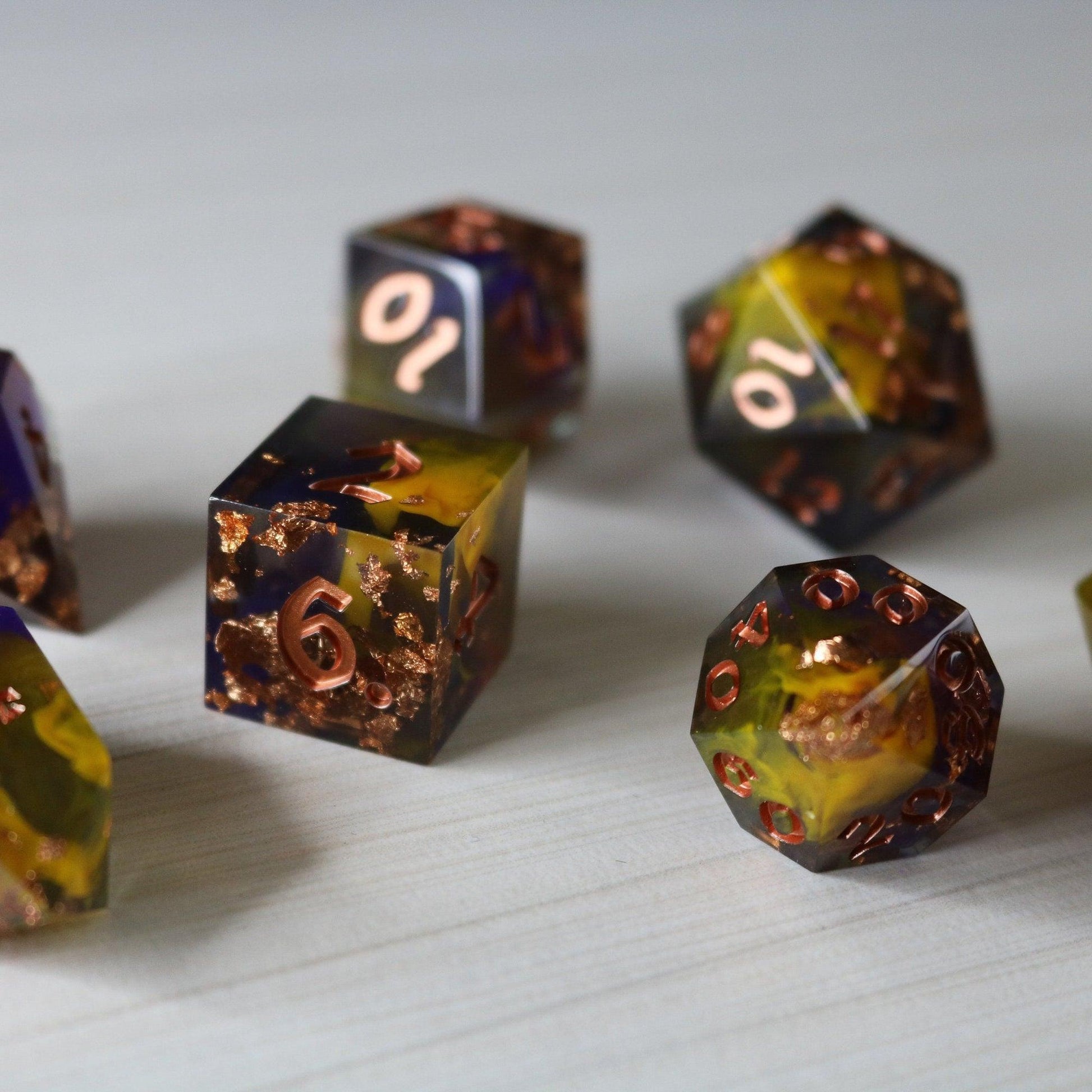 Purple And Gold Handmade Resin DND Dice Set Runic Dice