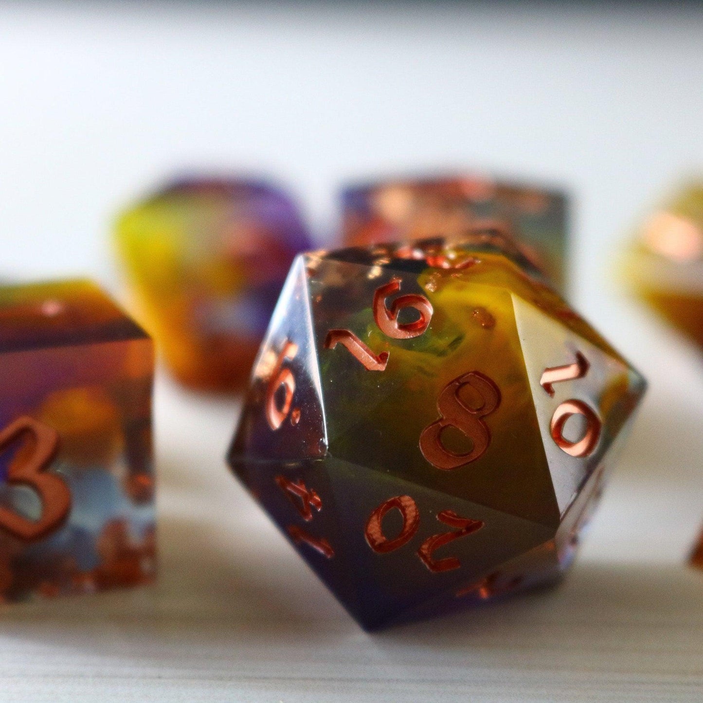 Purple And Gold Handmade Resin DND Dice Set Runic Dice