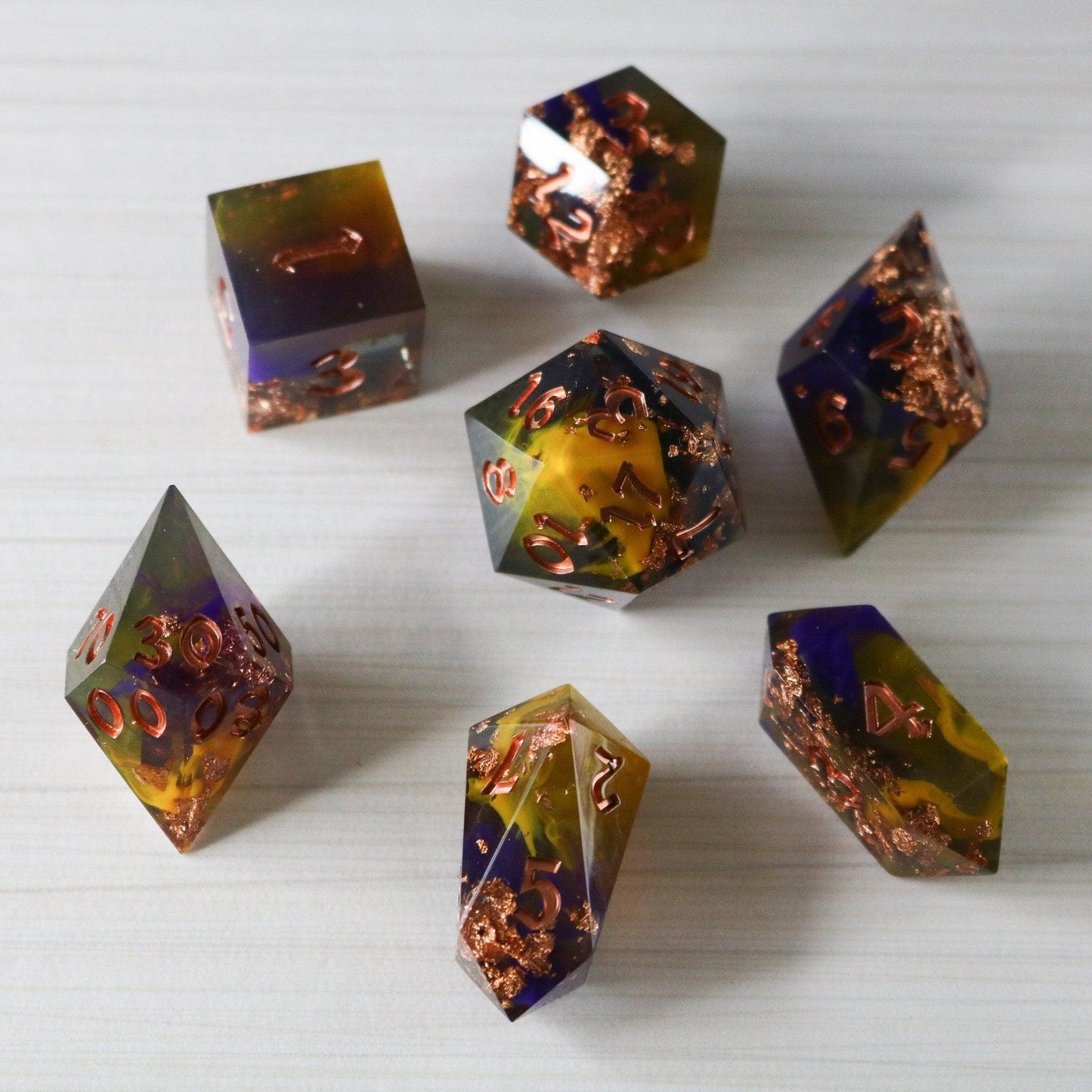Purple And Gold Handmade Resin DND Dice Set Runic Dice