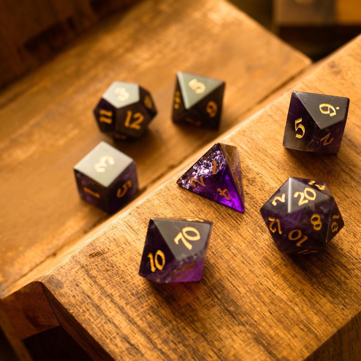 Purple Gemstone Amethyst DND Dice Set Runic Dice