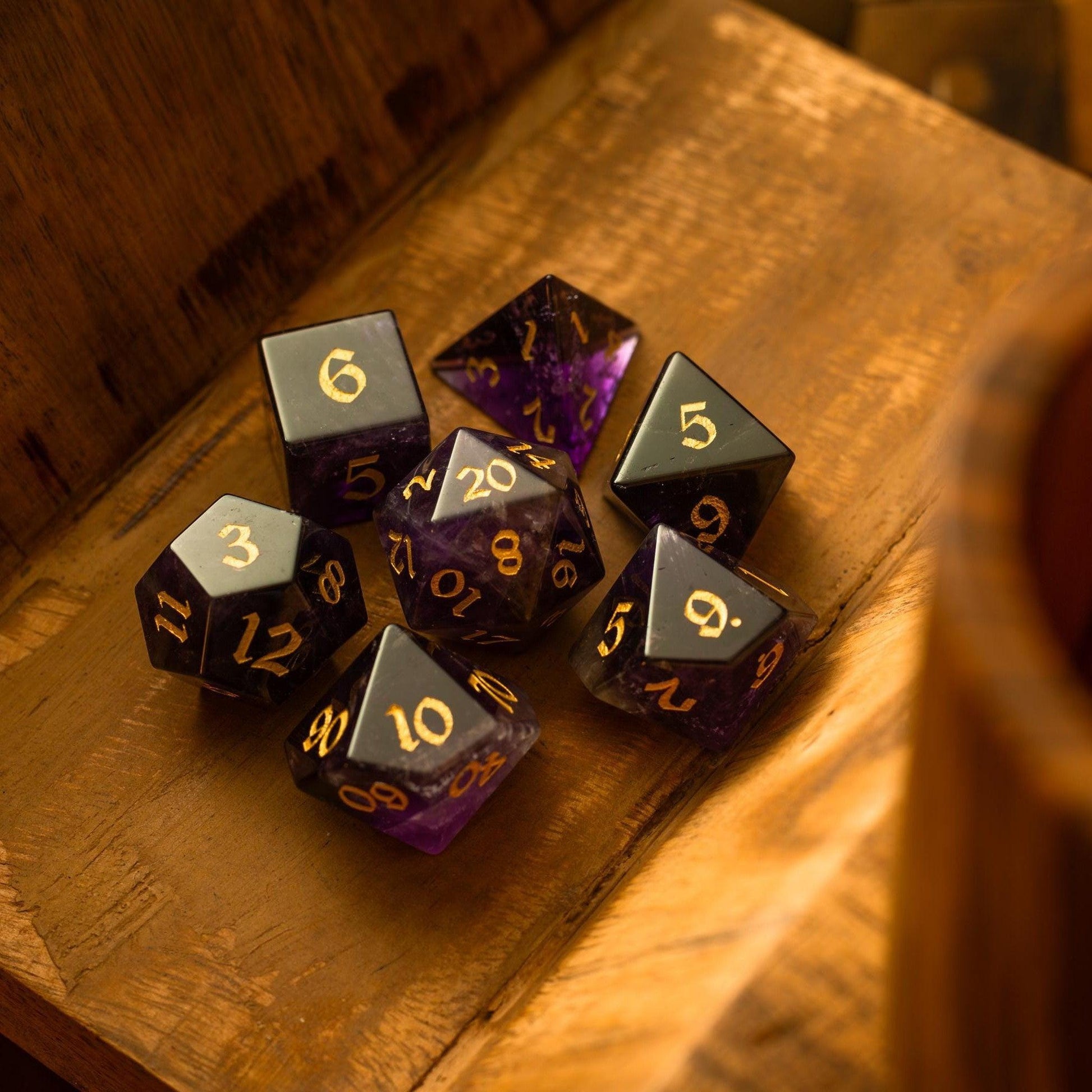 Purple Gemstone Amethyst DND Dice Set Runic Dice