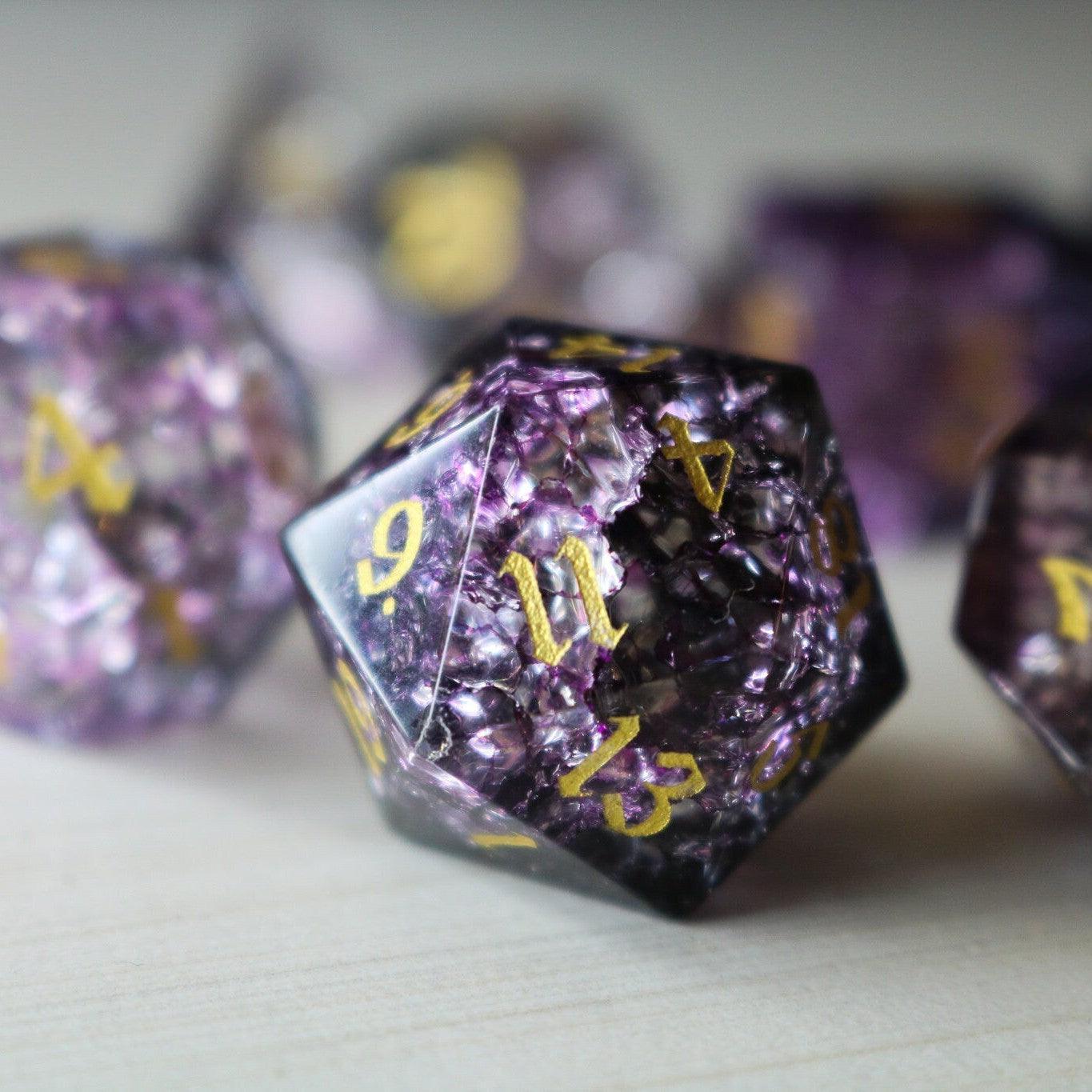 Purple Purge Forge Fire Glass DND Dice Set Runic Dice