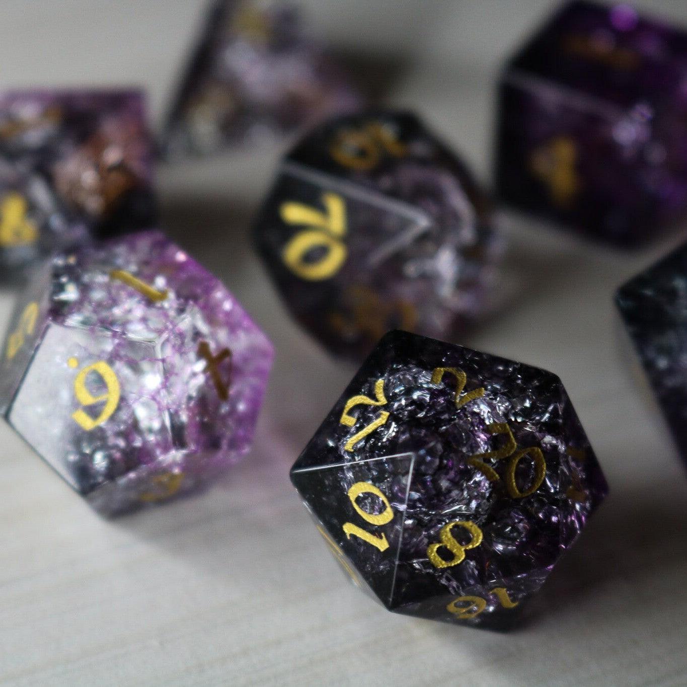 Purple Purge Forge Fire Glass DND Dice Set Runic Dice