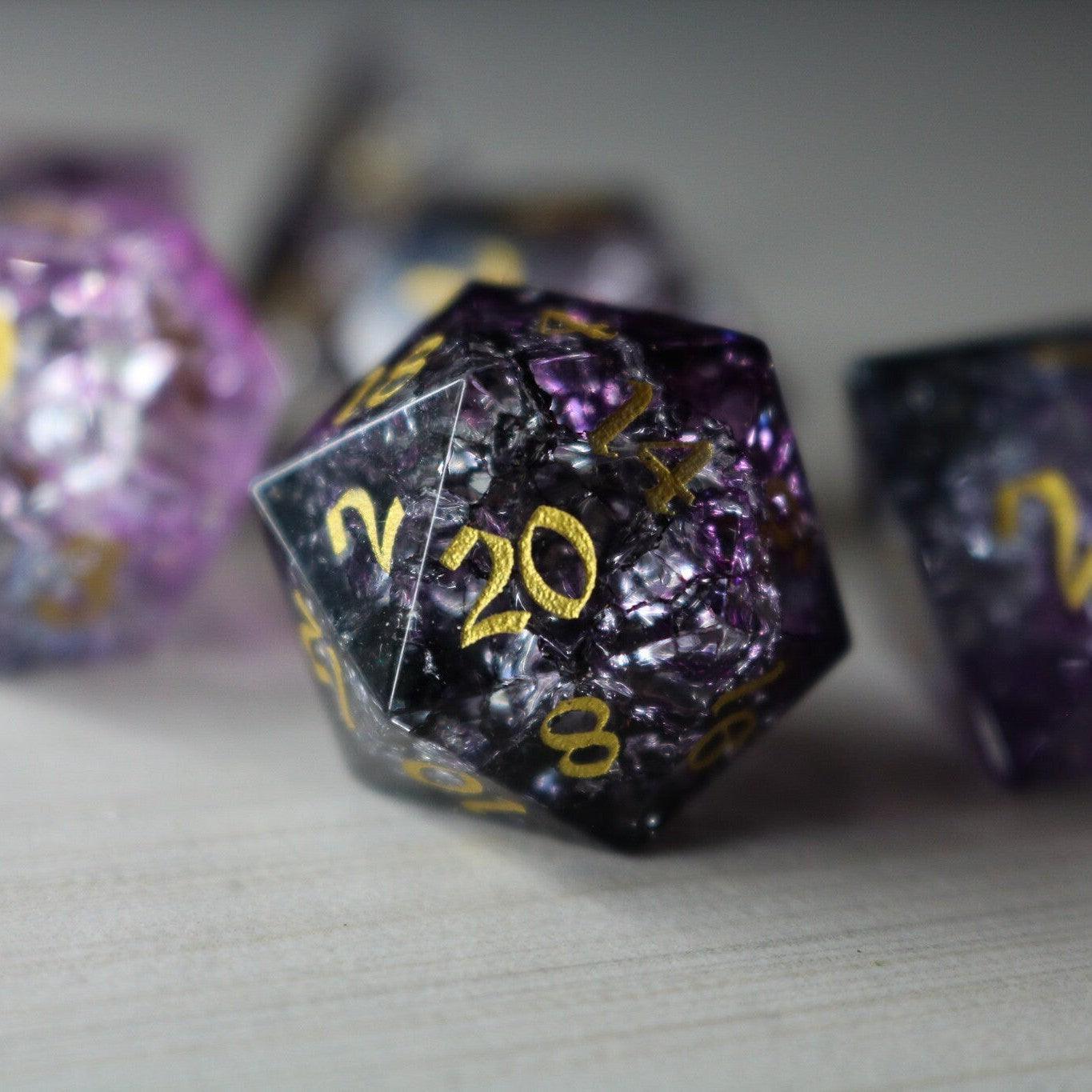 Purple Purge Forge Fire Glass DND Dice Set Runic Dice