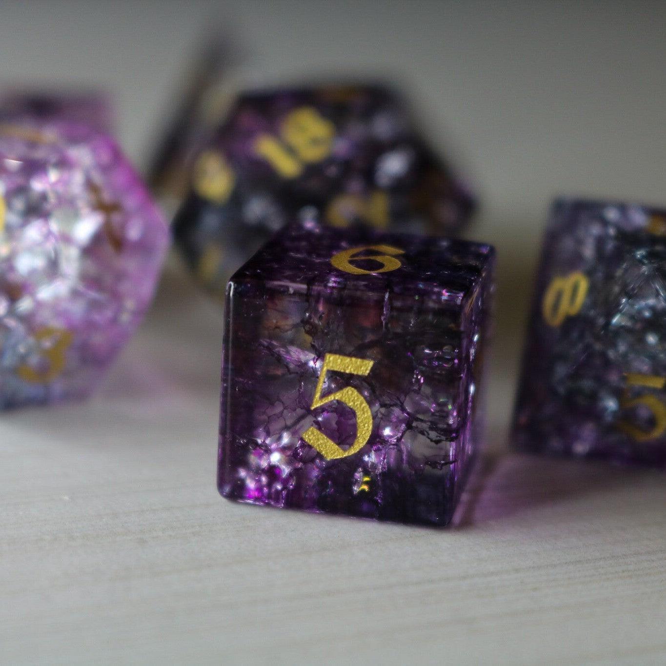 Purple Purge Forge Fire Glass DND Dice Set Runic Dice