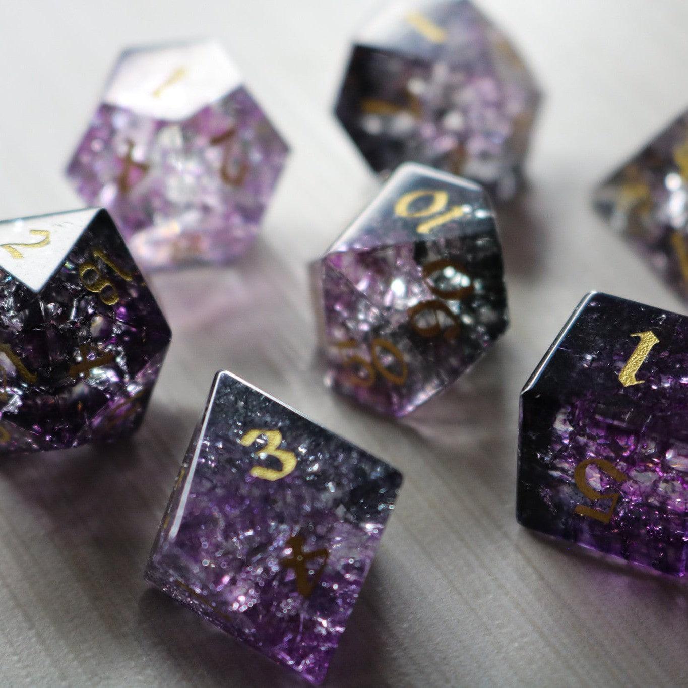 Purple Purge Forge Fire Glass DND Dice Set Runic Dice