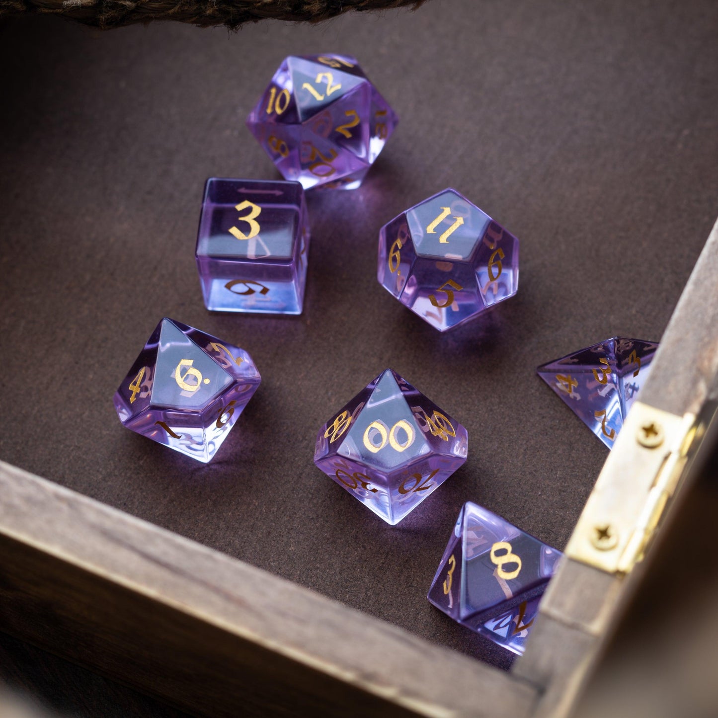 Purple Zircon Glass Hand Carved DND Dice Set Runic Dice