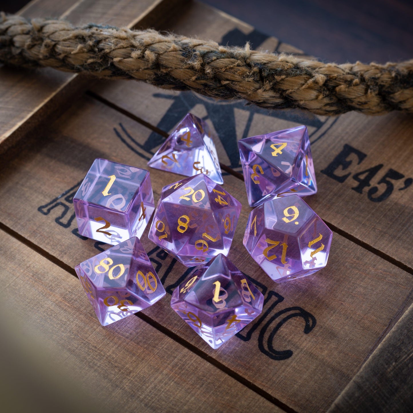 Purple Zircon Glass Hand Carved DND Dice Set Runic Dice