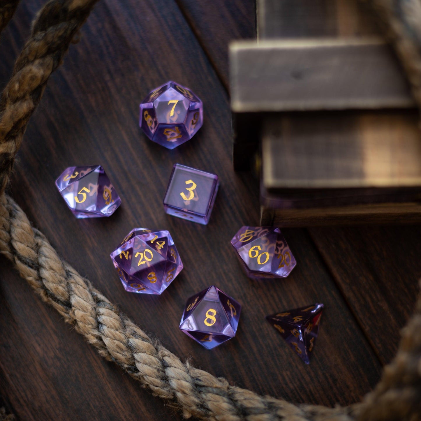 Purple Zircon Glass Hand Carved DND Dice Set Runic Dice