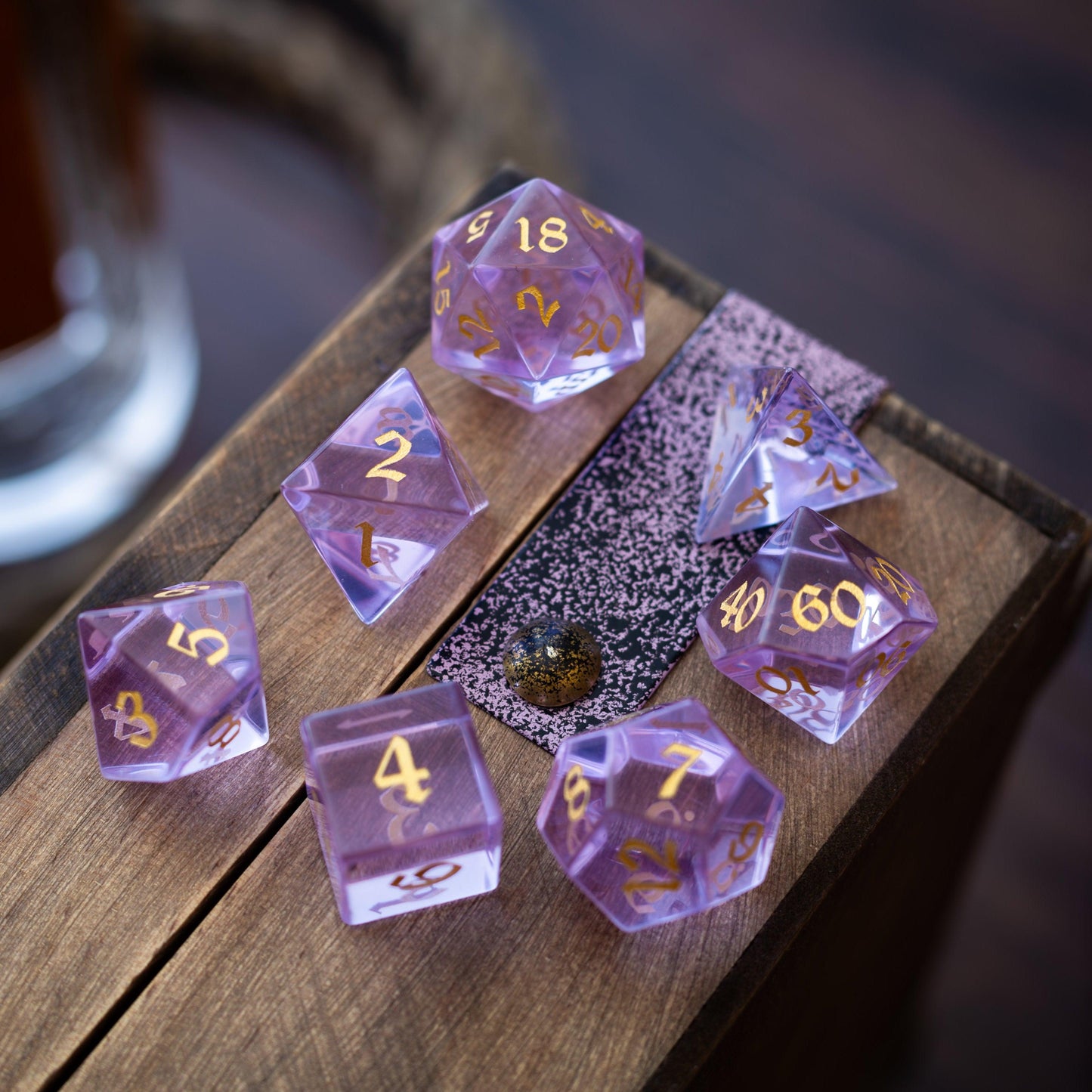 Purple Zircon Glass Hand Carved DND Dice Set Runic Dice