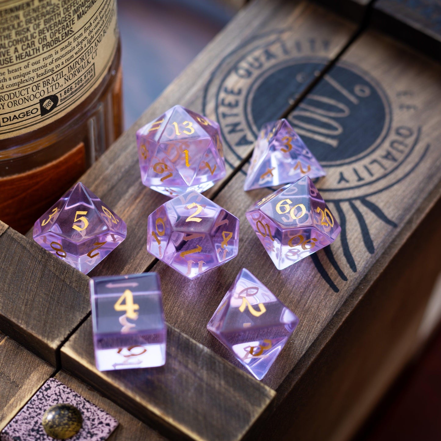 Purple Zircon Glass Hand Carved DND Dice Set Runic Dice