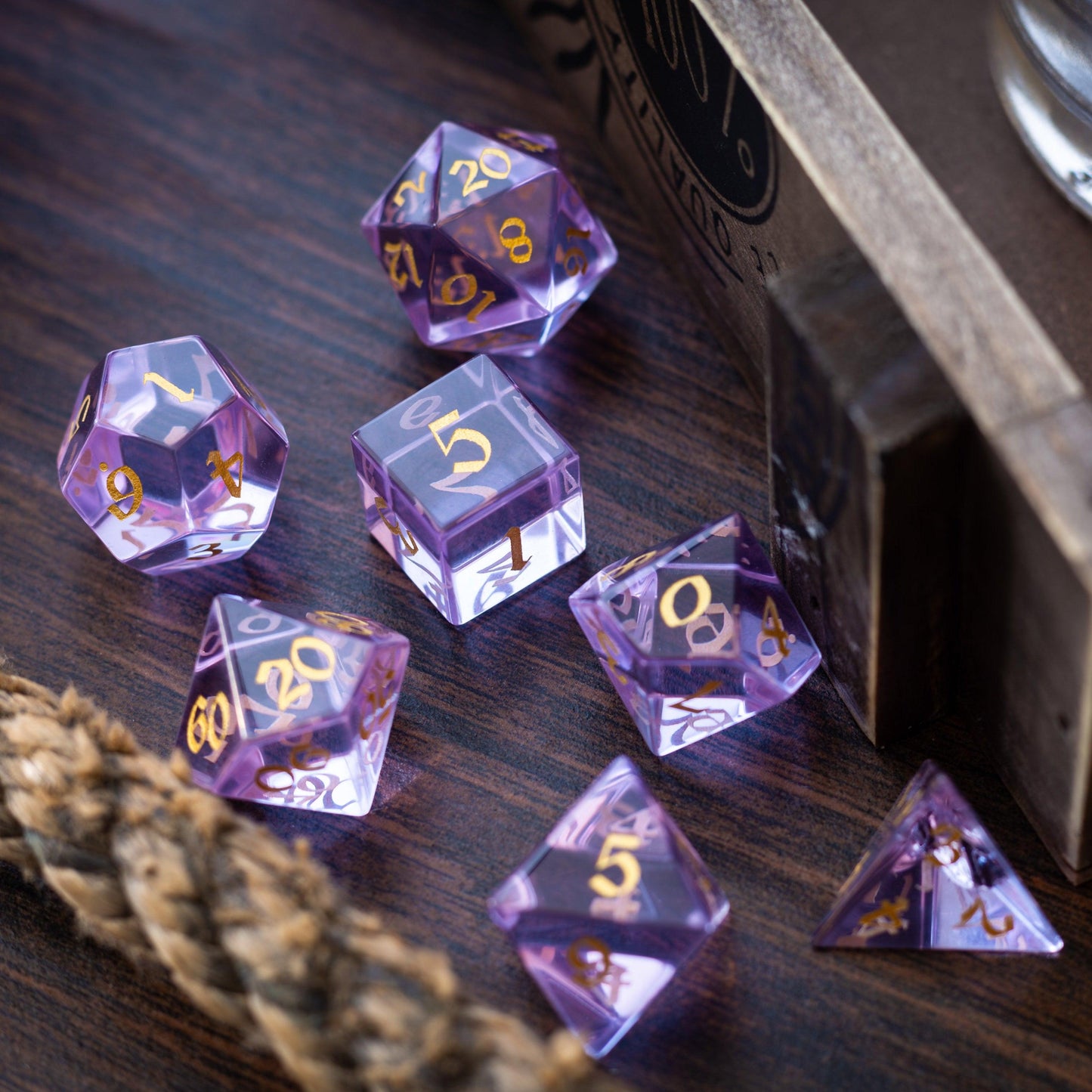 Purple Zircon Glass Hand Carved DND Dice Set Runic Dice