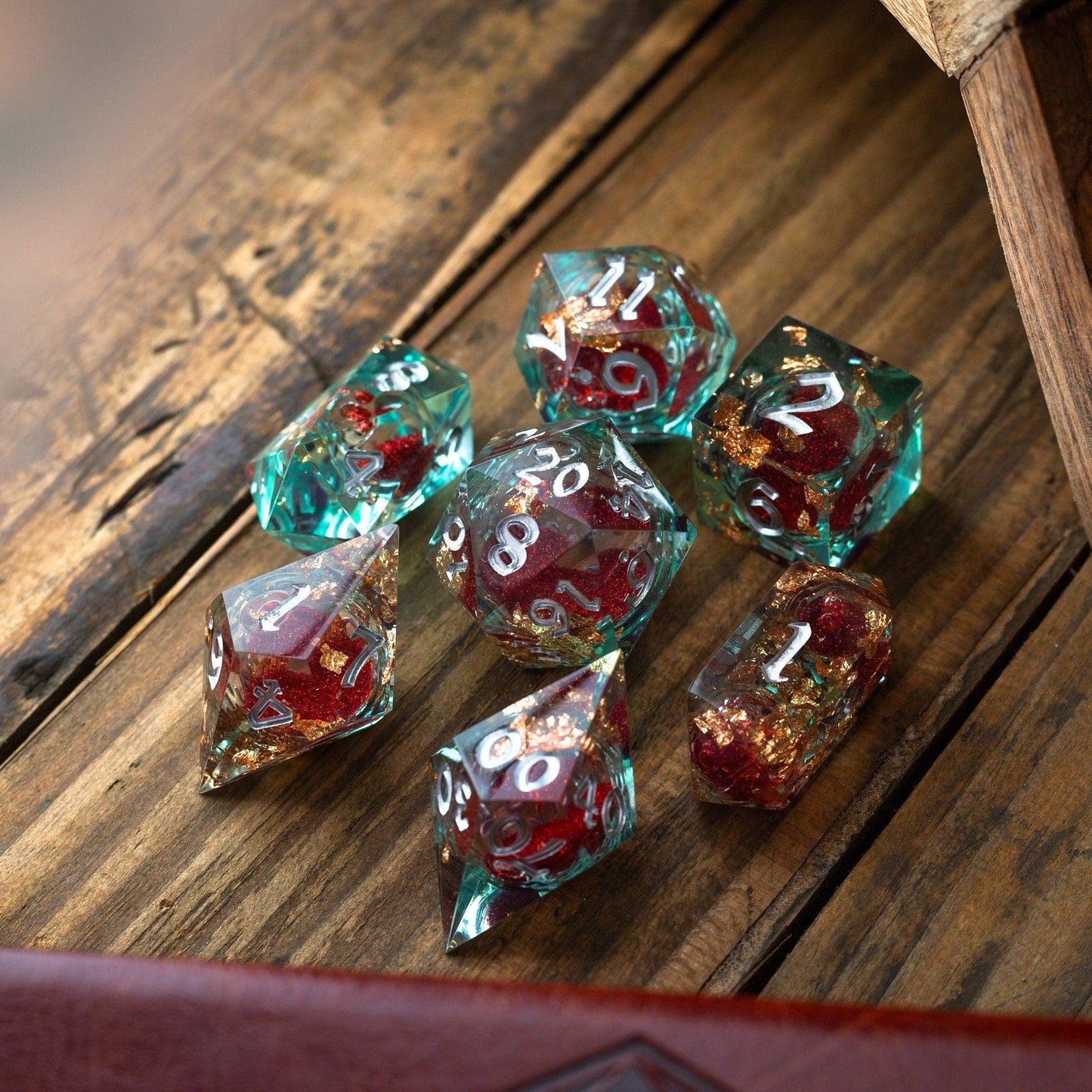 Red And Gold Glitter Liquid Core Handmade Resin DND Dice Set Runic Dice