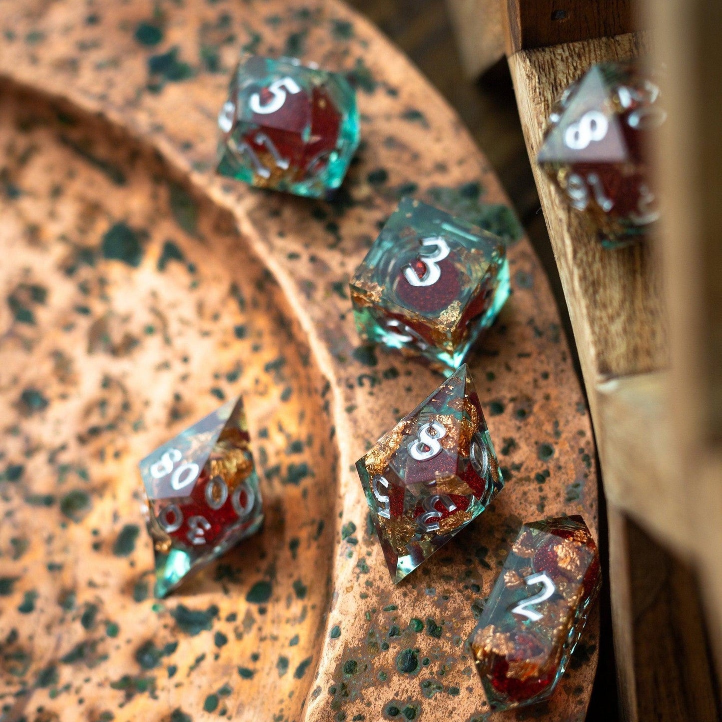 Red And Gold Glitter Liquid Core Handmade Resin DND Dice Set Runic Dice