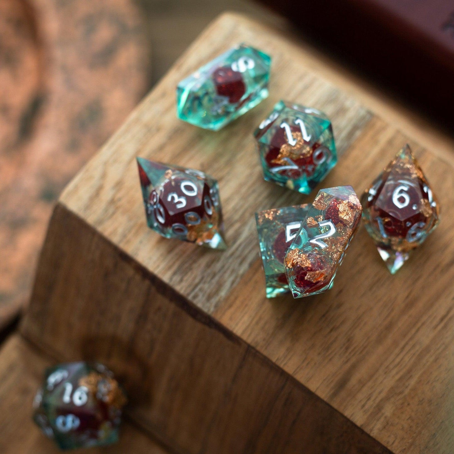 Red And Gold Glitter Liquid Core Handmade Resin DND Dice Set Runic Dice
